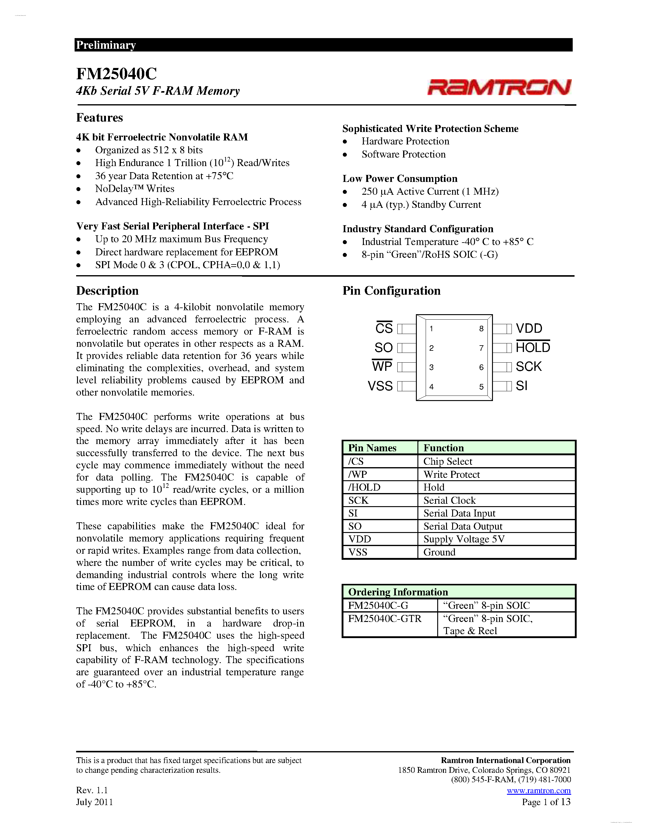 Даташит FM25040C - 4Kb Serial 5V F-RAM Memory страница 1