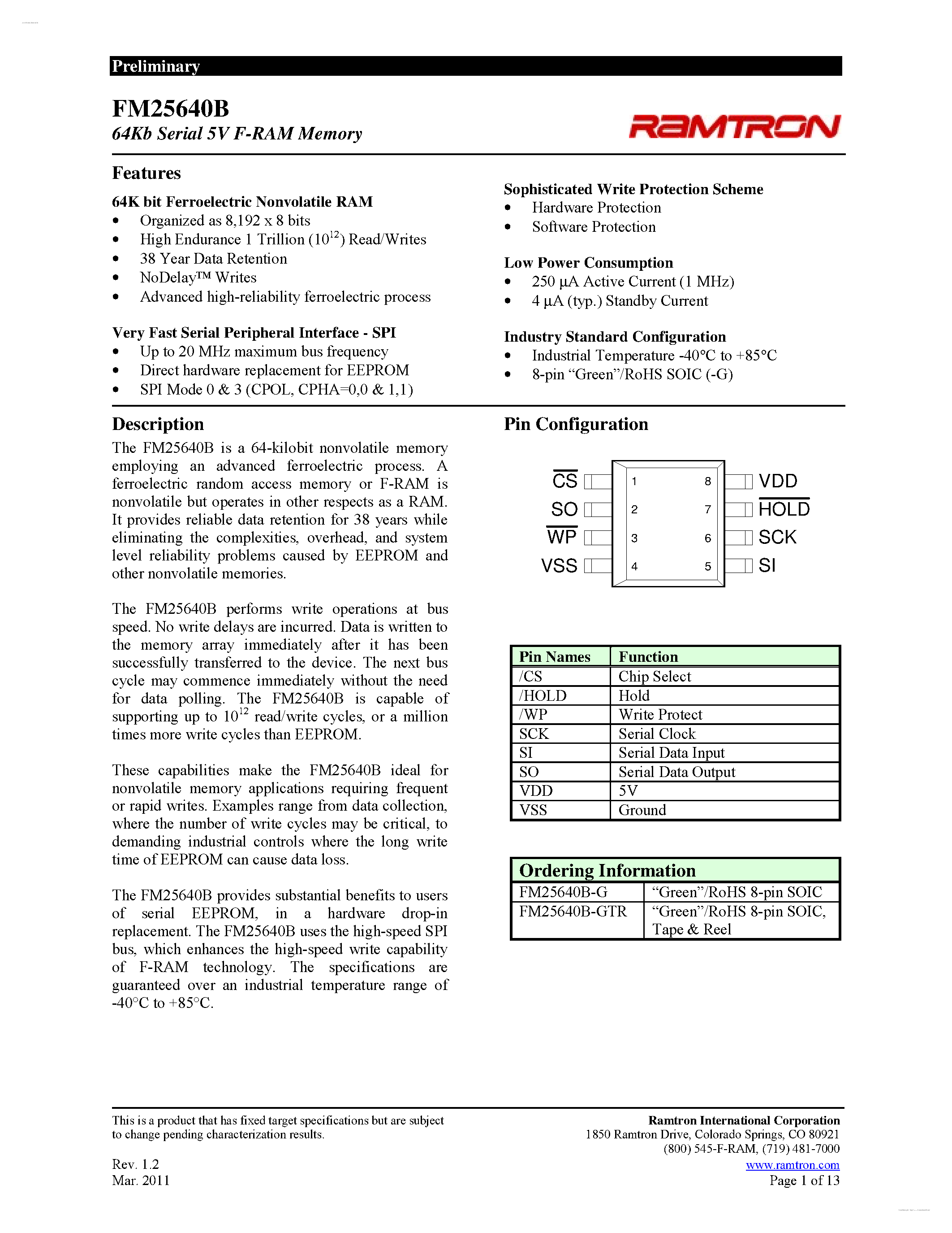 Даташит FM25640B - 5V F-RAM Memory страница 1