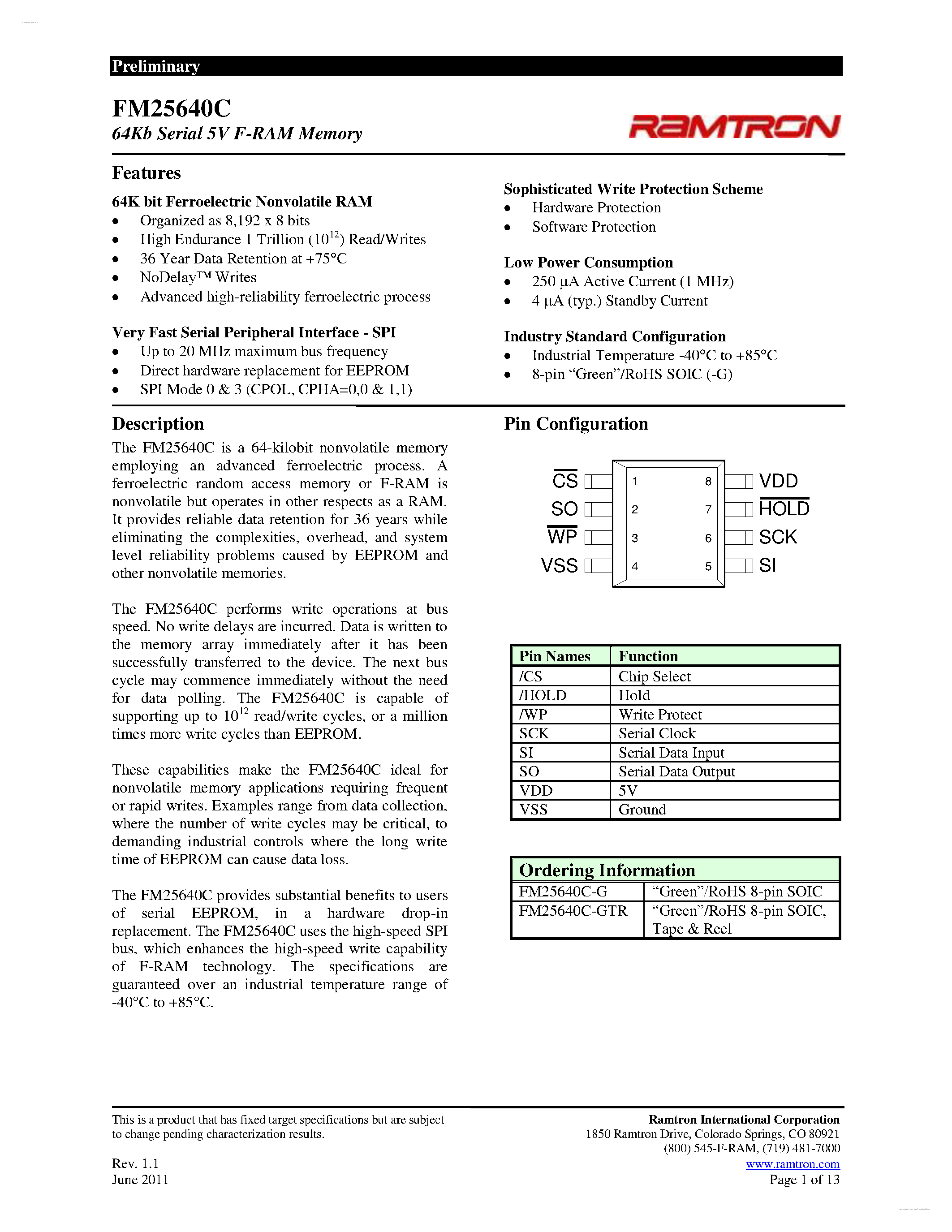 Даташит FM25640C - 5V F-RAM Memory страница 1