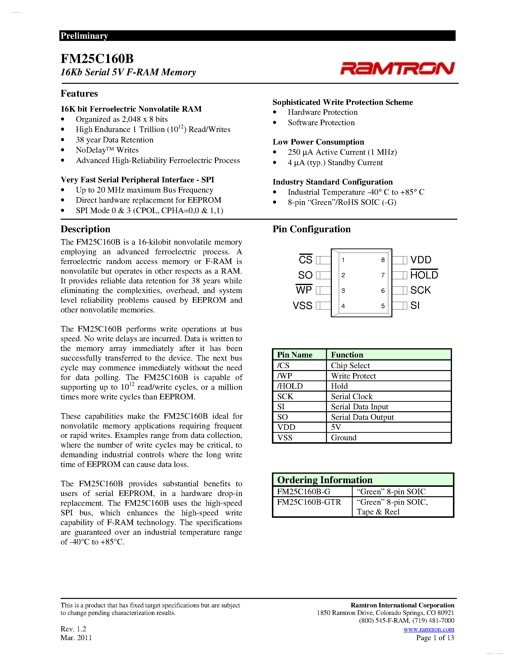 Даташит FM25C160B - 5V F-RAM Memory страница 1