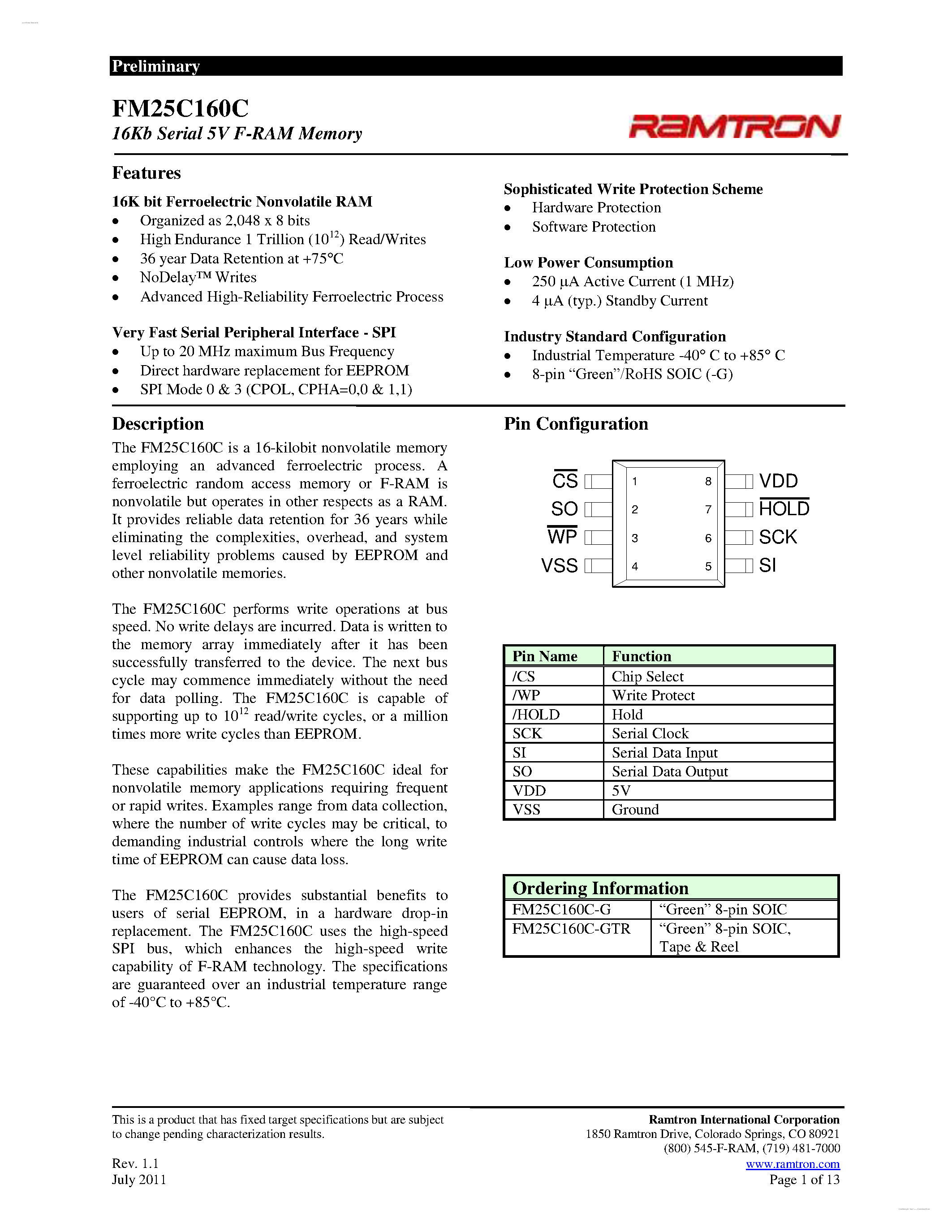 Даташит FM25C160C - 5V F-RAM Memory страница 1