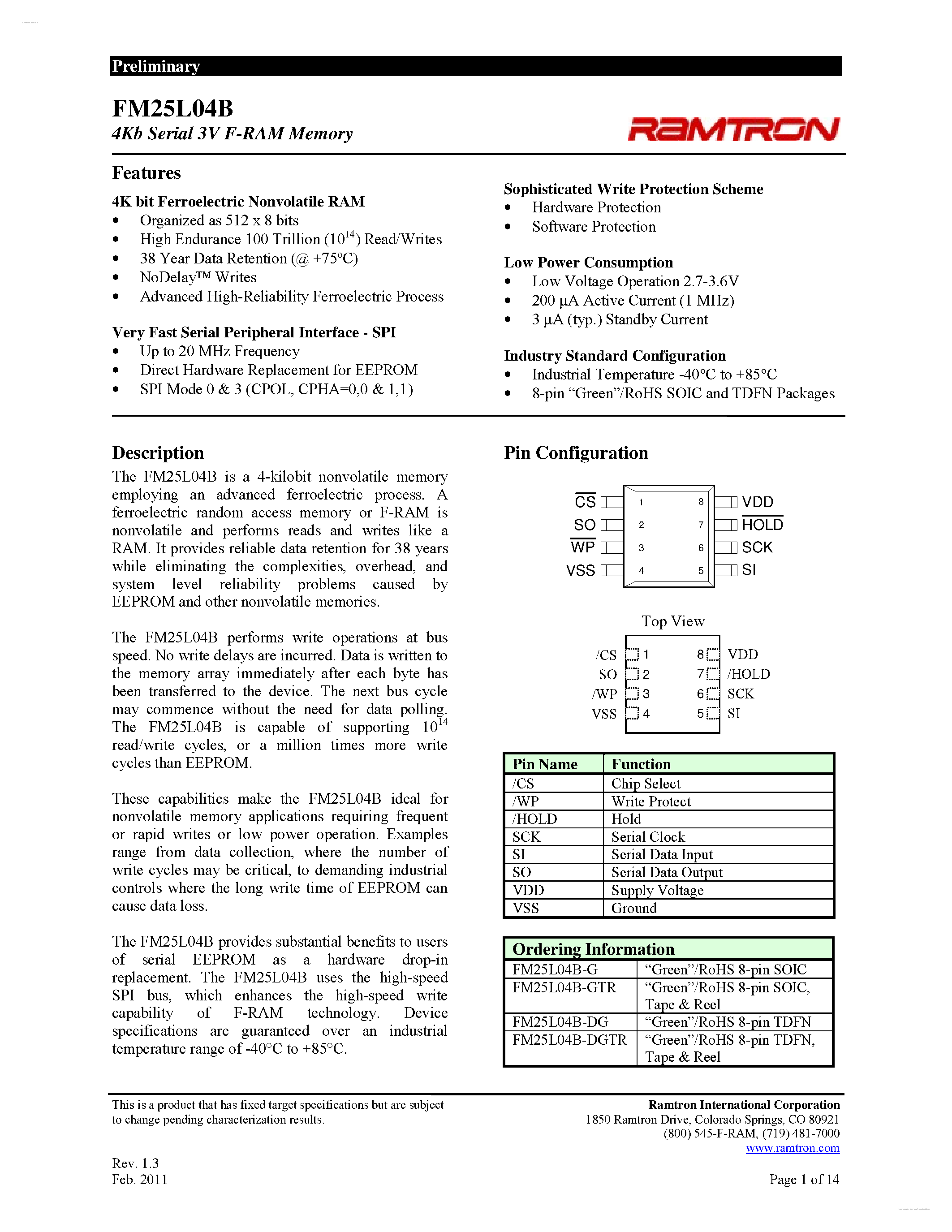 Даташит FM25L04B - 3V F-RAM Memory страница 1