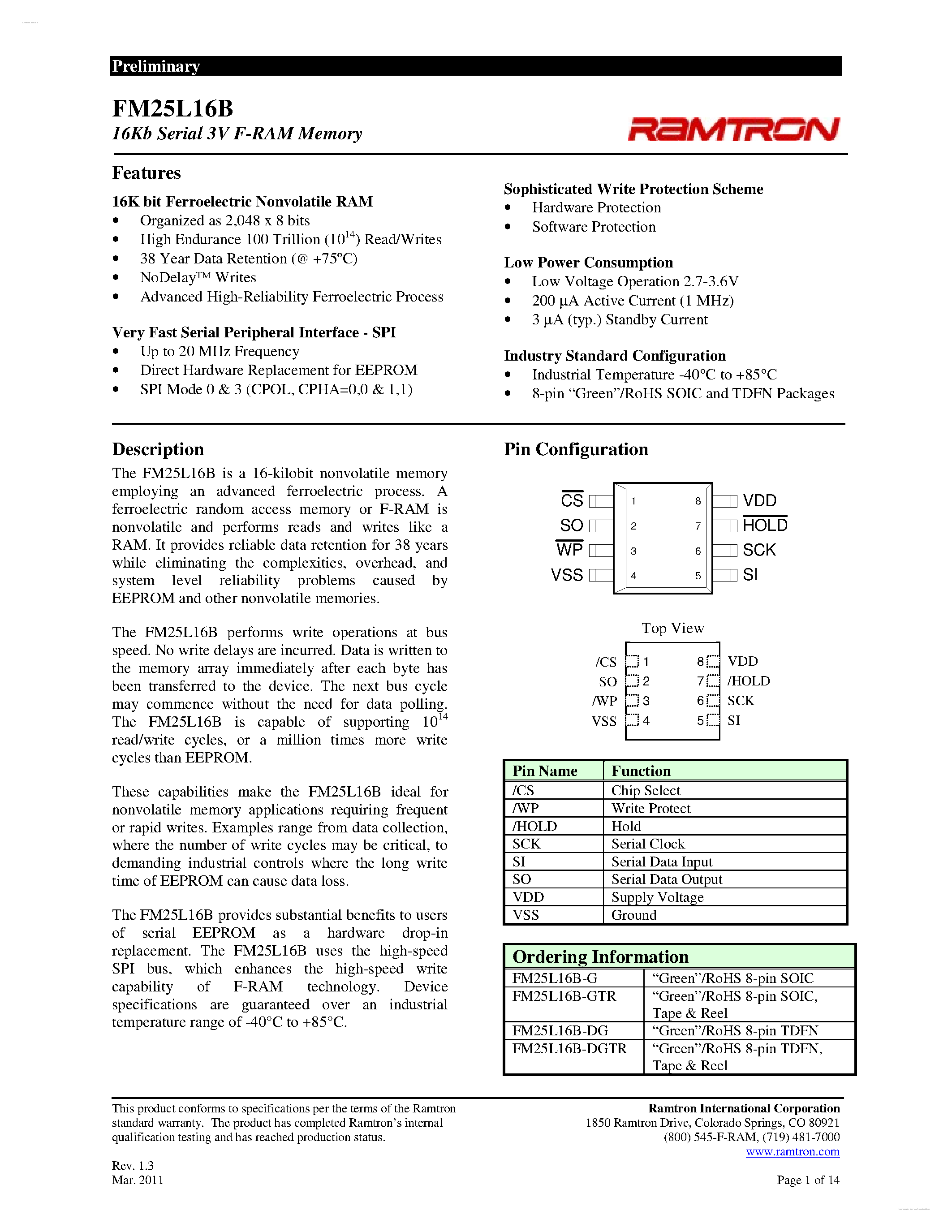 Даташит FM25L16B - 3V F-RAM Memory страница 1