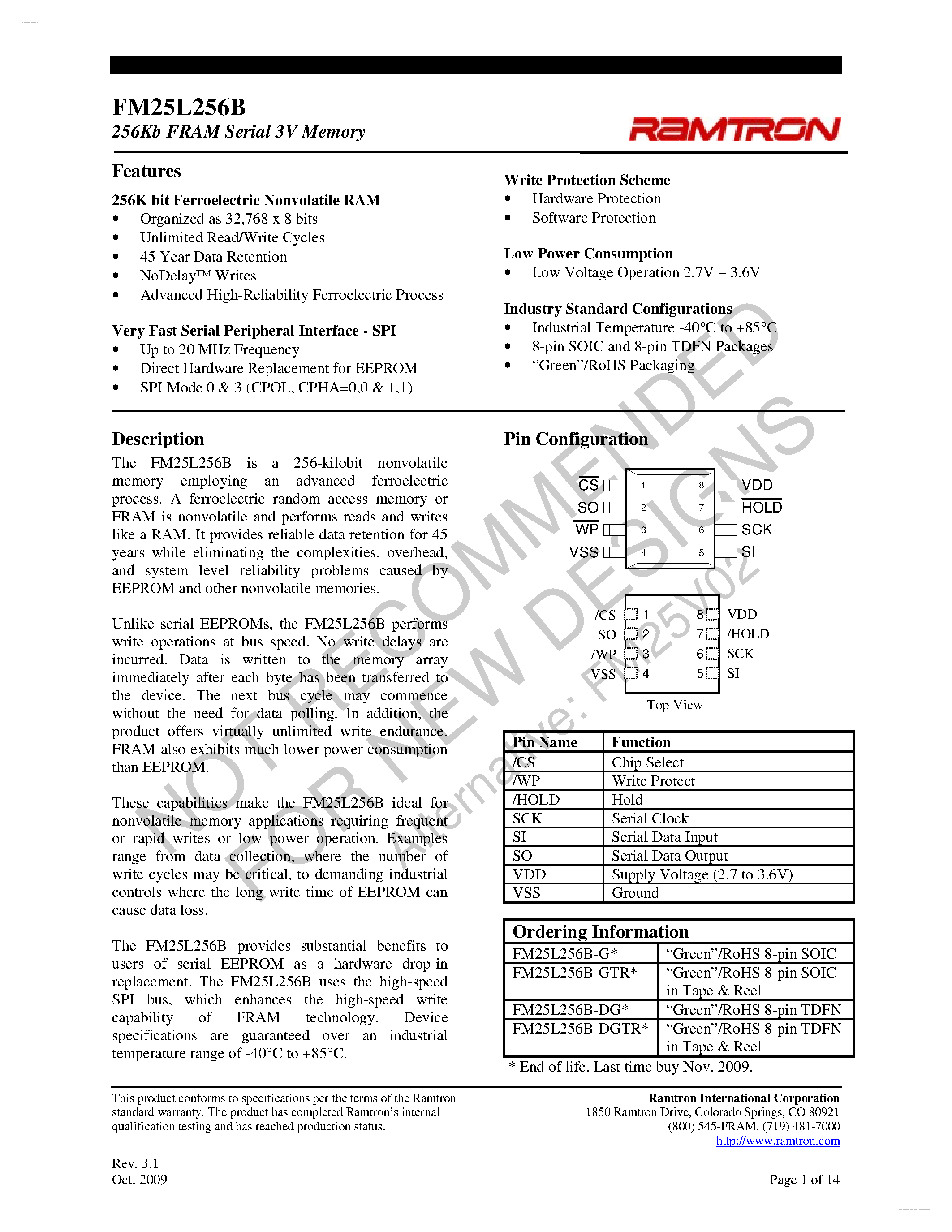 Даташит FM25L256B - 3V F-RAM Memory страница 1