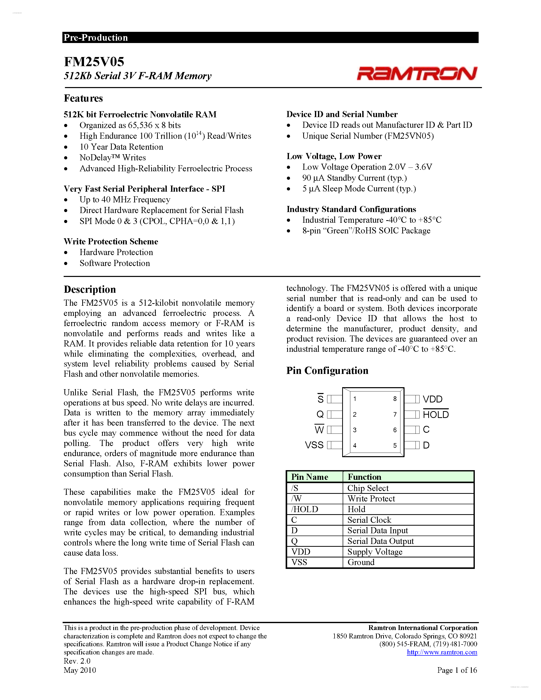 Даташит FM25V05 - 3V F-RAM Memory страница 1