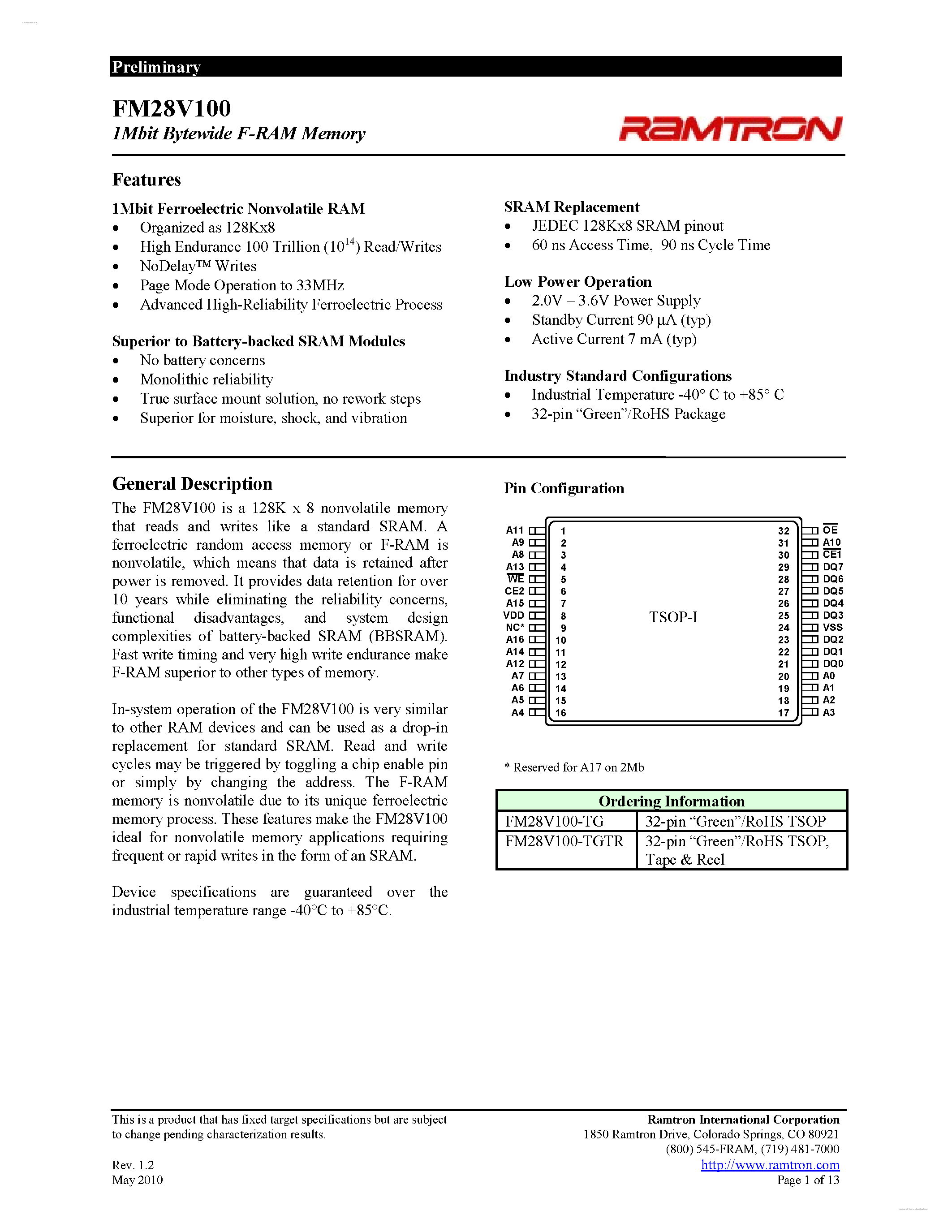 Даташит FM28V100 - 1Mbit Bytewide F-RAM Memory страница 1