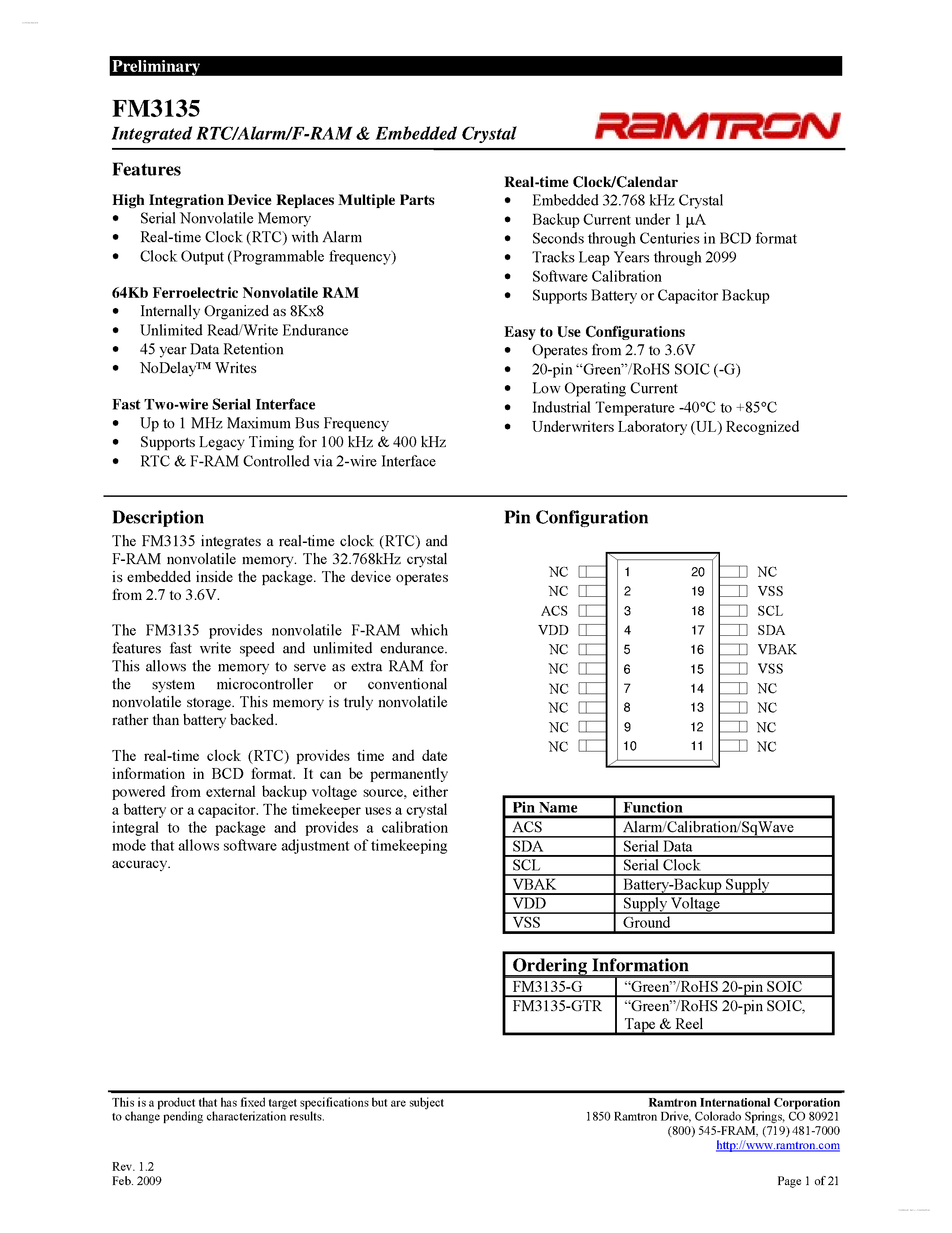 Даташит FM3135 - Integrated RTC/Alarm/F-RAM & Embedded Crystal страница 1