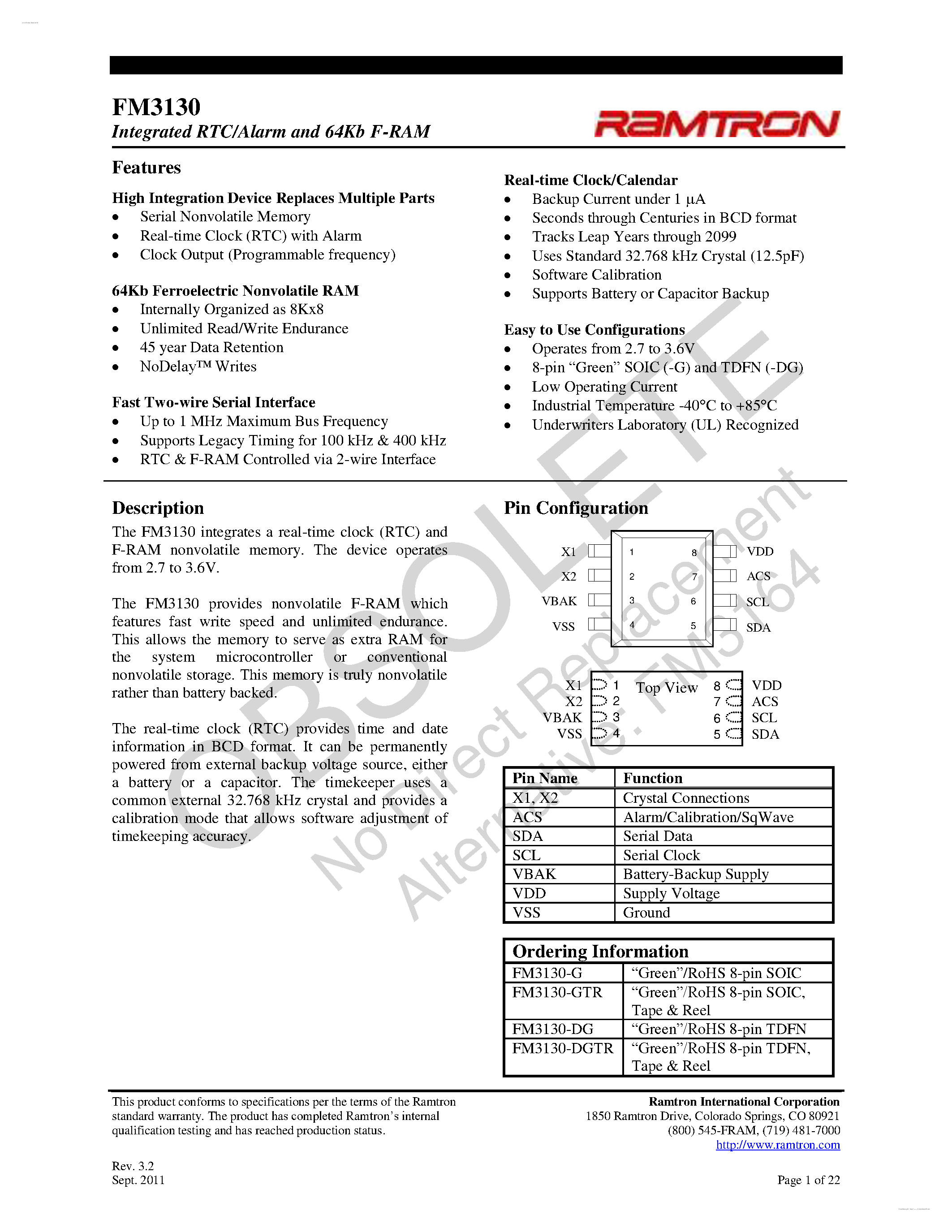 Даташит FM3130 - Integrated RTC/Alarm and 64Kb F-RAM страница 1