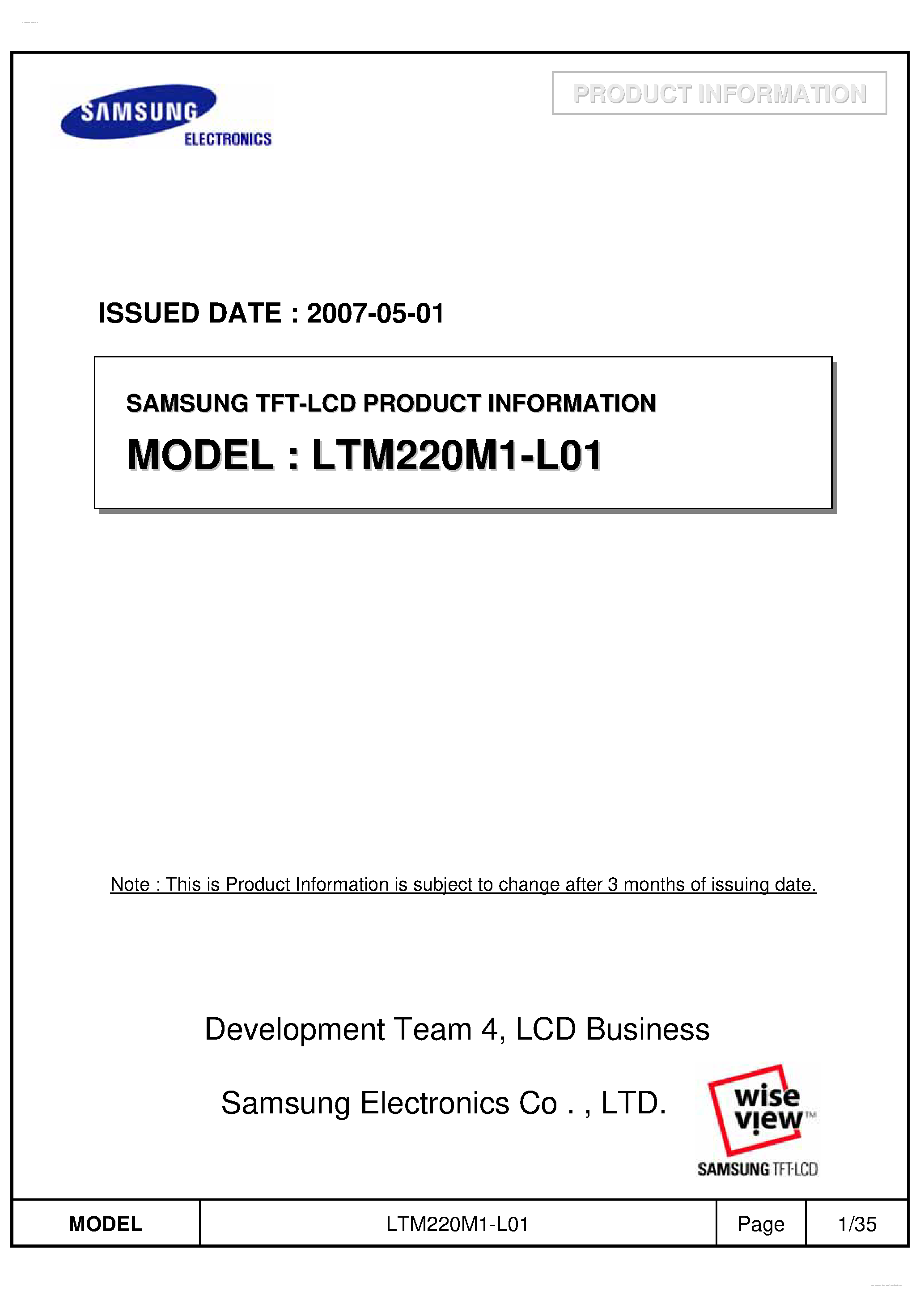 Даташит на микросхему LTM220M1-L01 страница 1 Даташит LTM220M1-L01 - Display Module страница 1