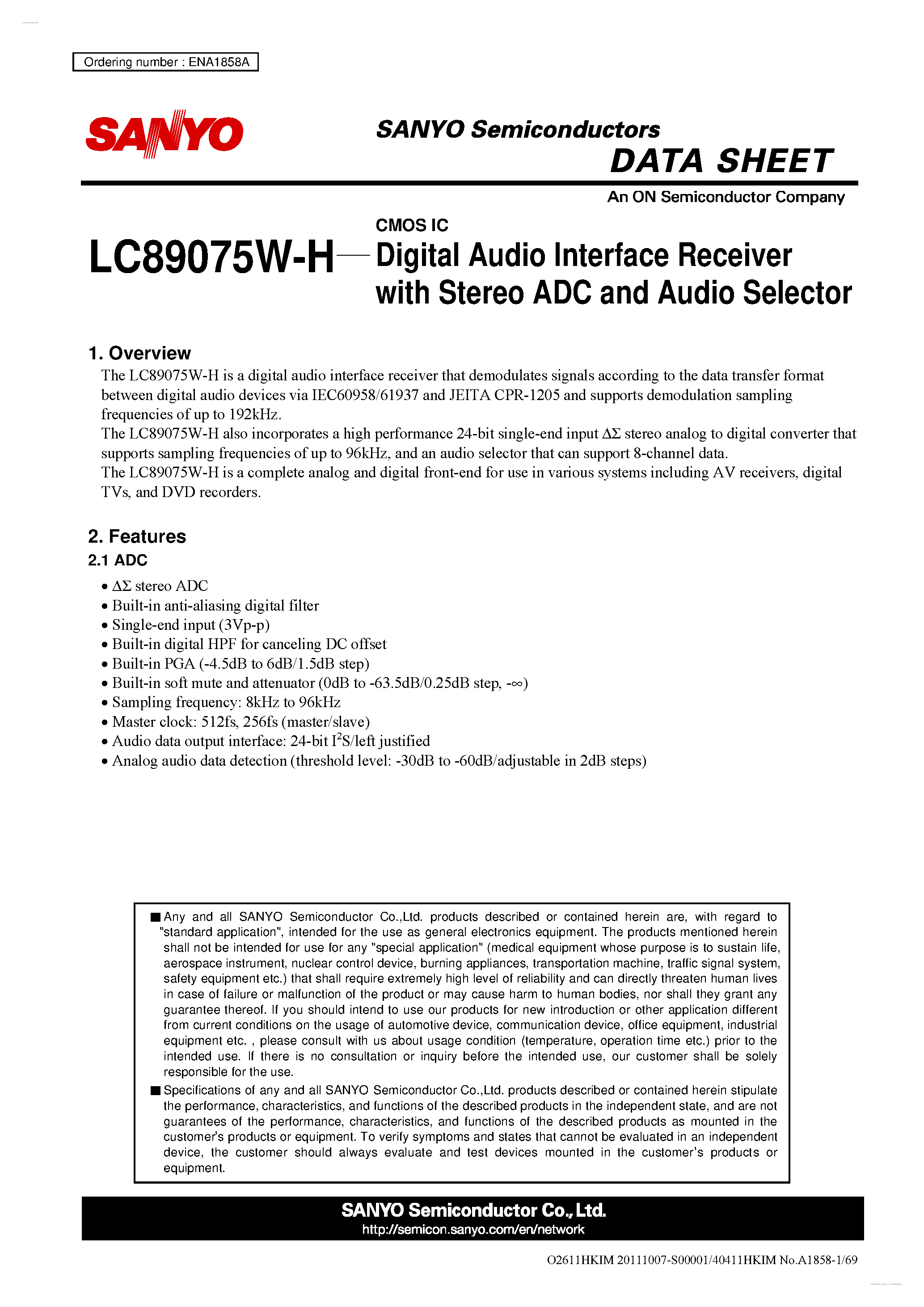 Даташит LC89075W-H - Digital Audio Interface Receiver страница 1