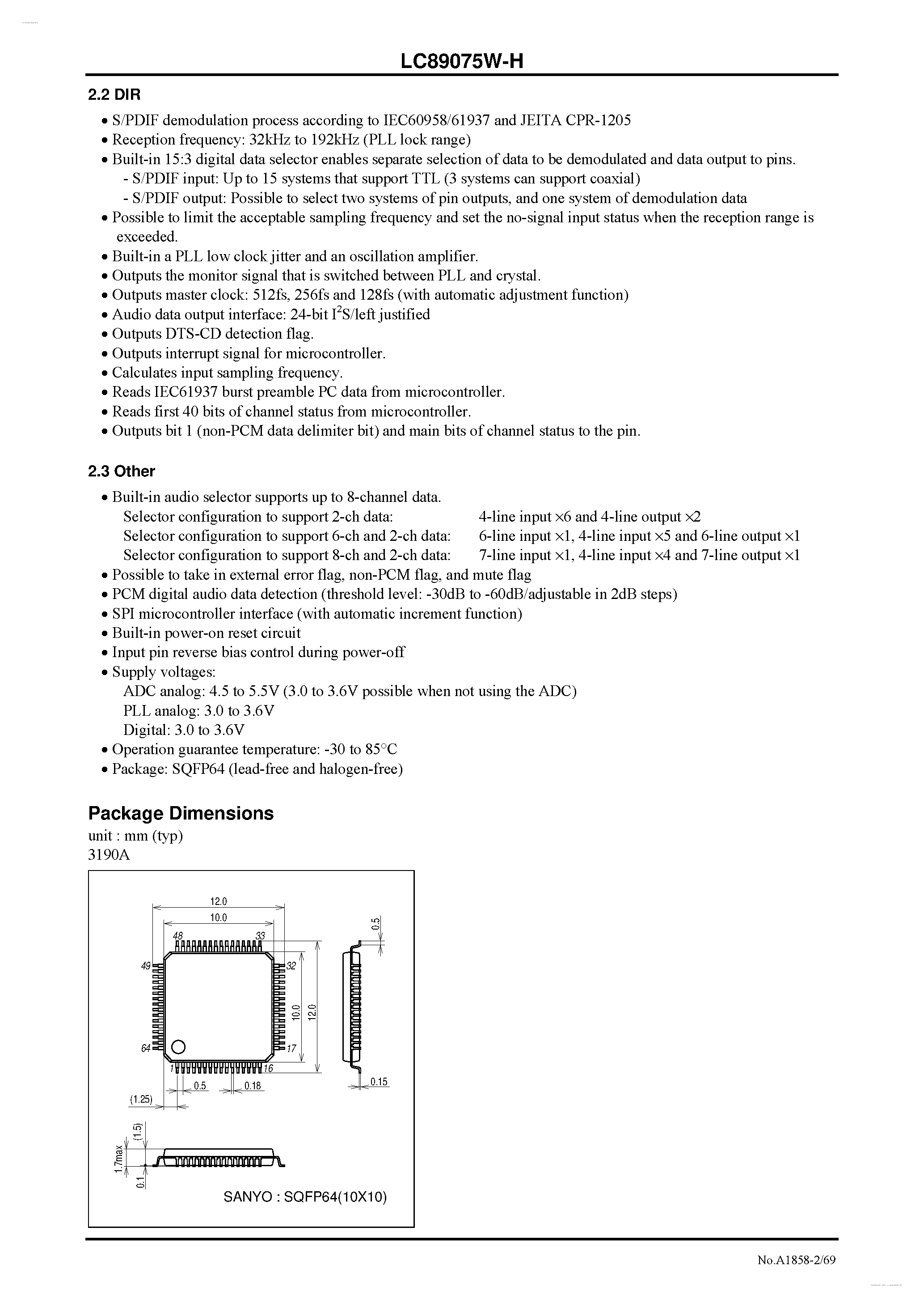 Даташит LC89075W-H - Digital Audio Interface Receiver страница 2