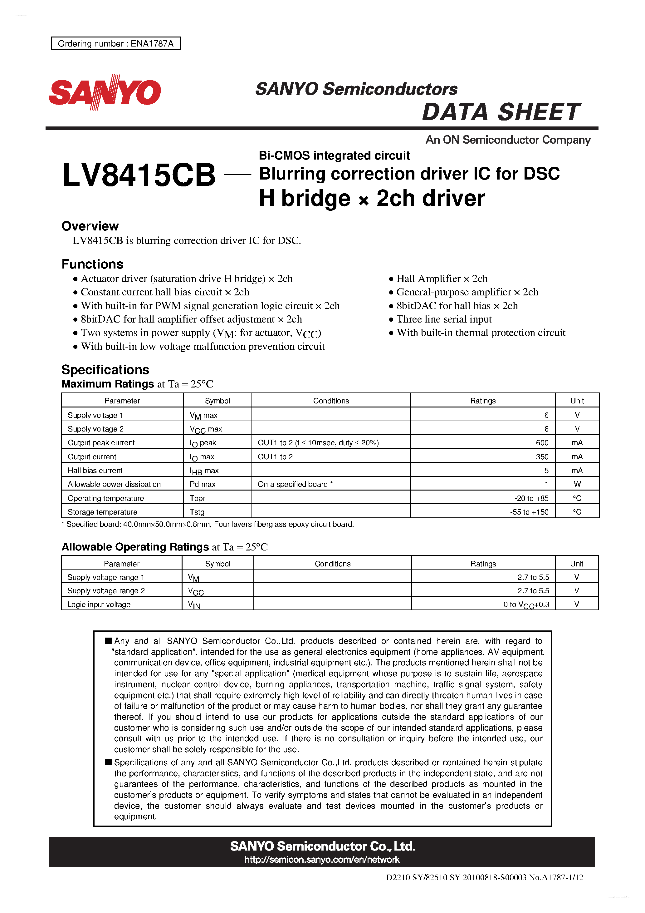Даташит LV8415CB - H bridge x 2ch driver страница 1