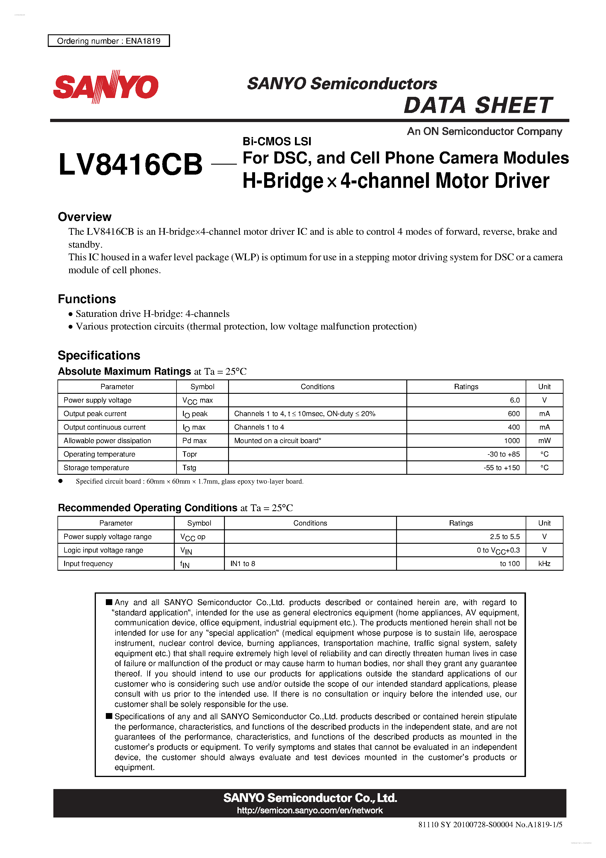 Даташит LV8416CB - H-Bridge x 4-channel Motor Driver страница 1