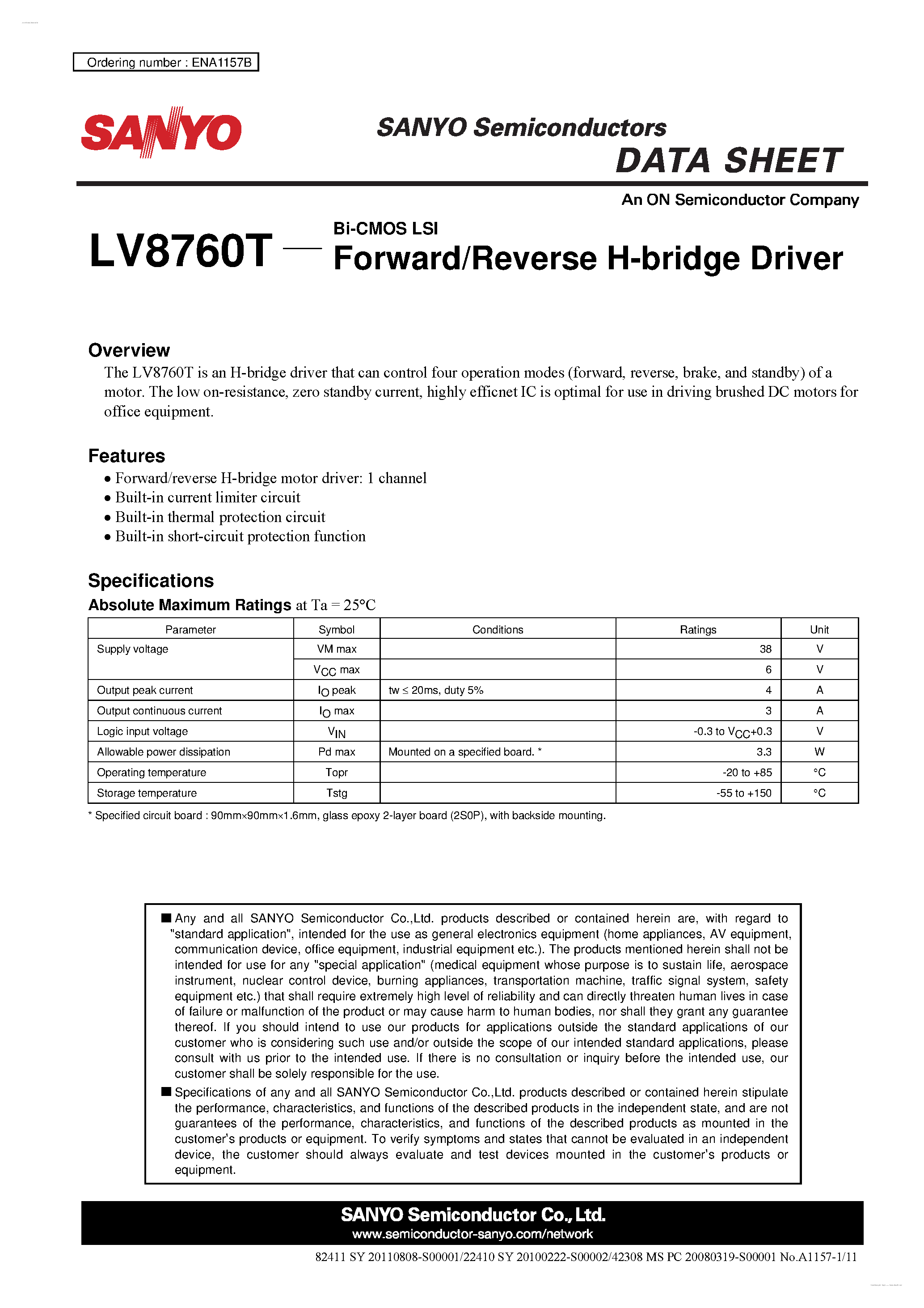Даташит LV8760T - Forward/Reverse H-bridge Driver страница 1