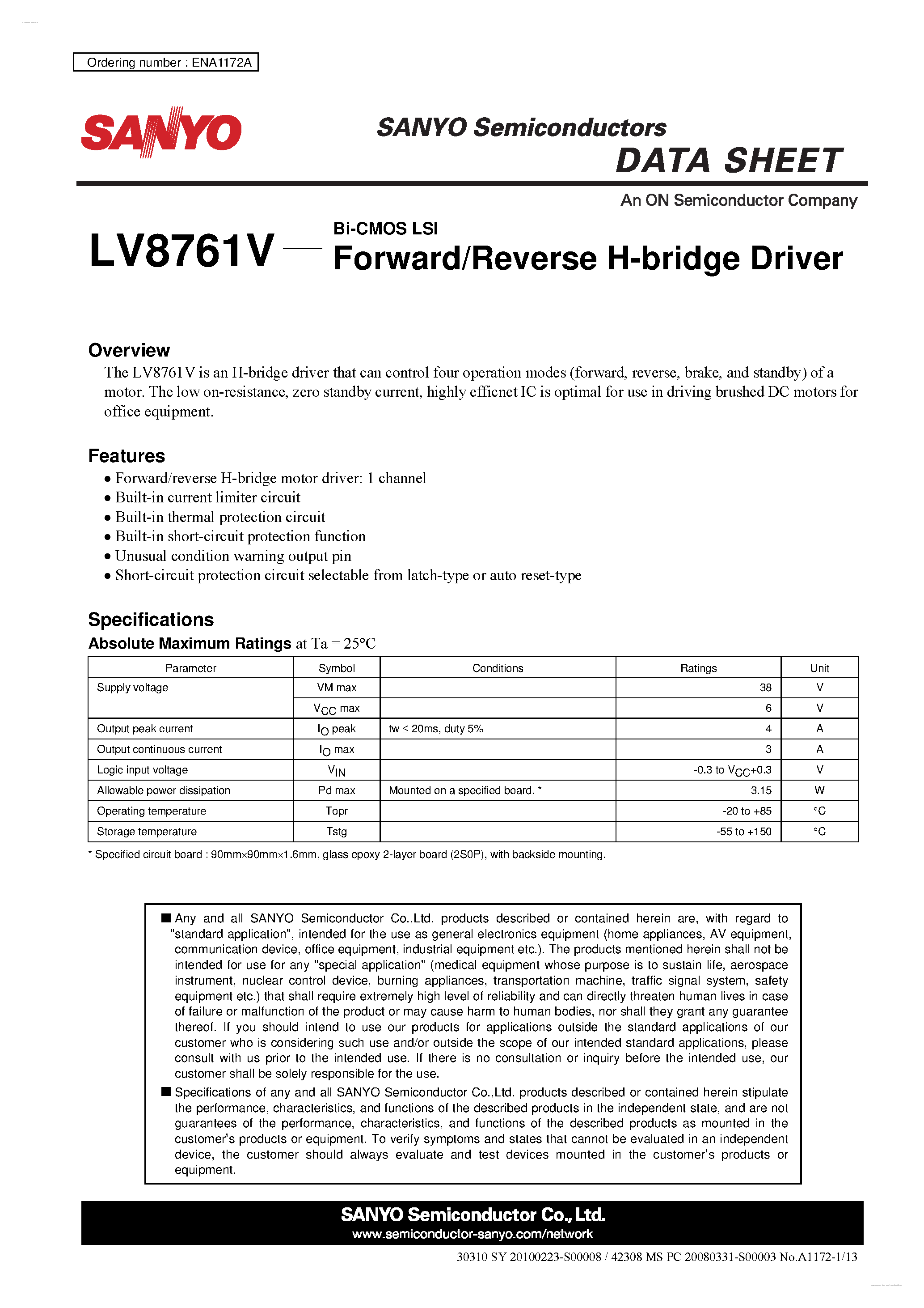 Даташит LV8761V - Forward/Reverse H-bridge Driver страница 1