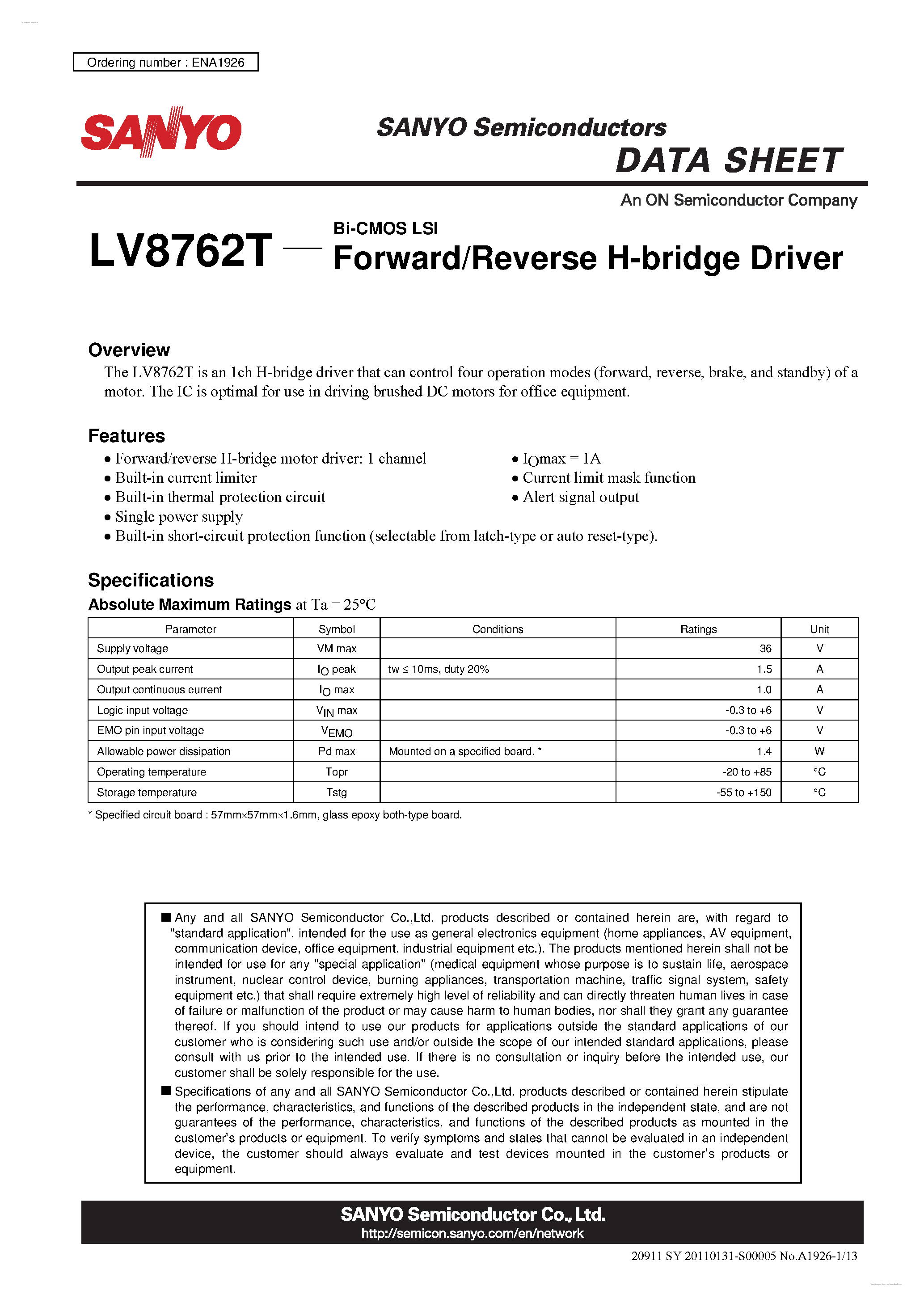 Даташит LV8762T - Forward/Reverse H-bridge Driver страница 1