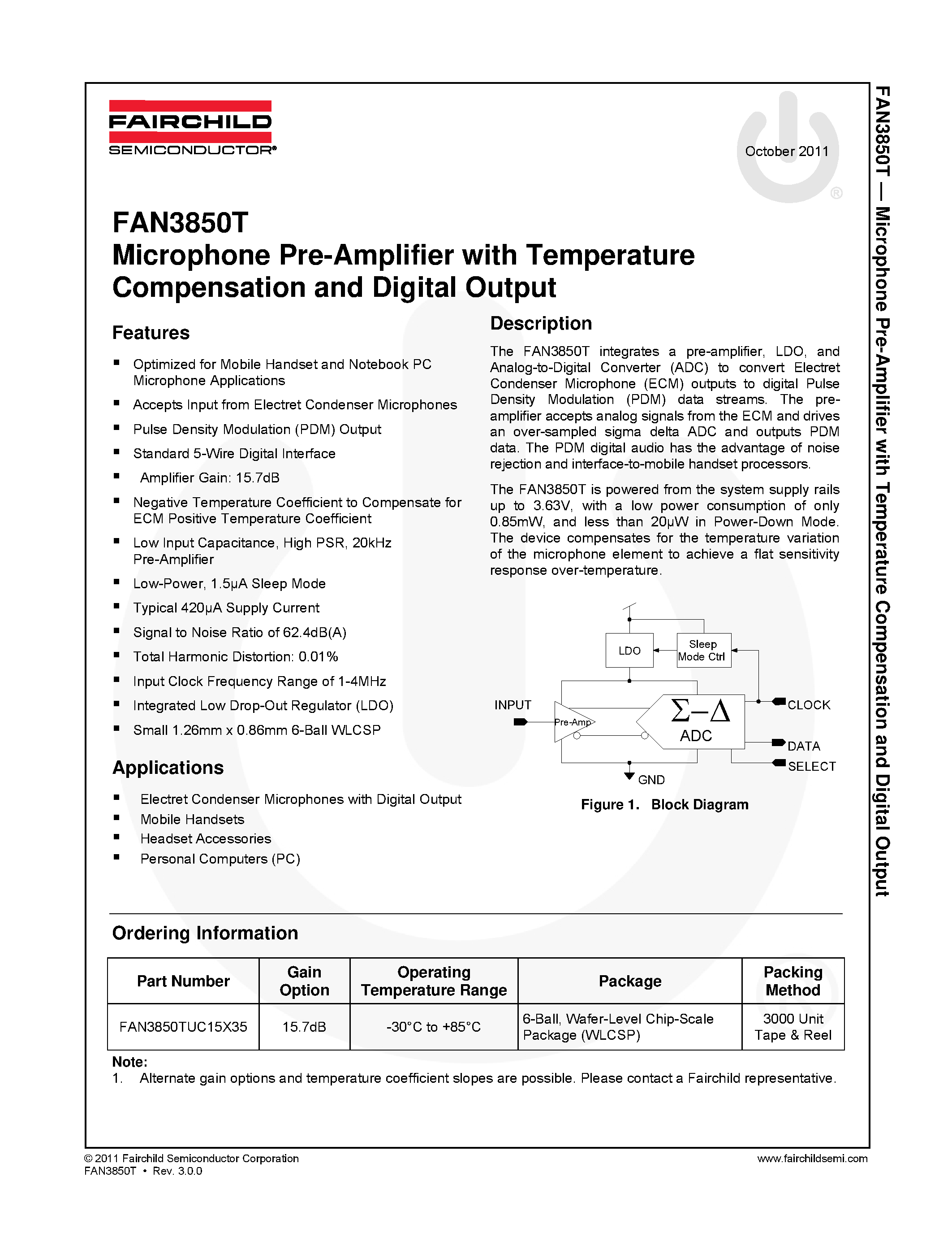 Даташит FAN3850T - Microphone Pre-Amplifier страница 1