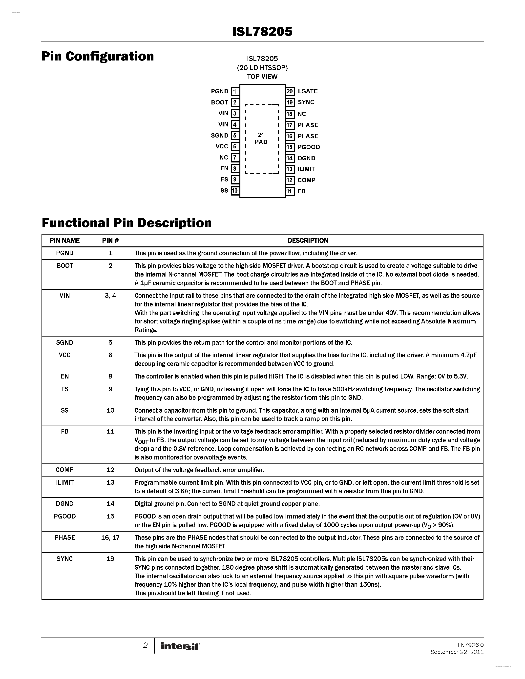 Datasheet ISL78205 - 2.5A Buck Controller page 2