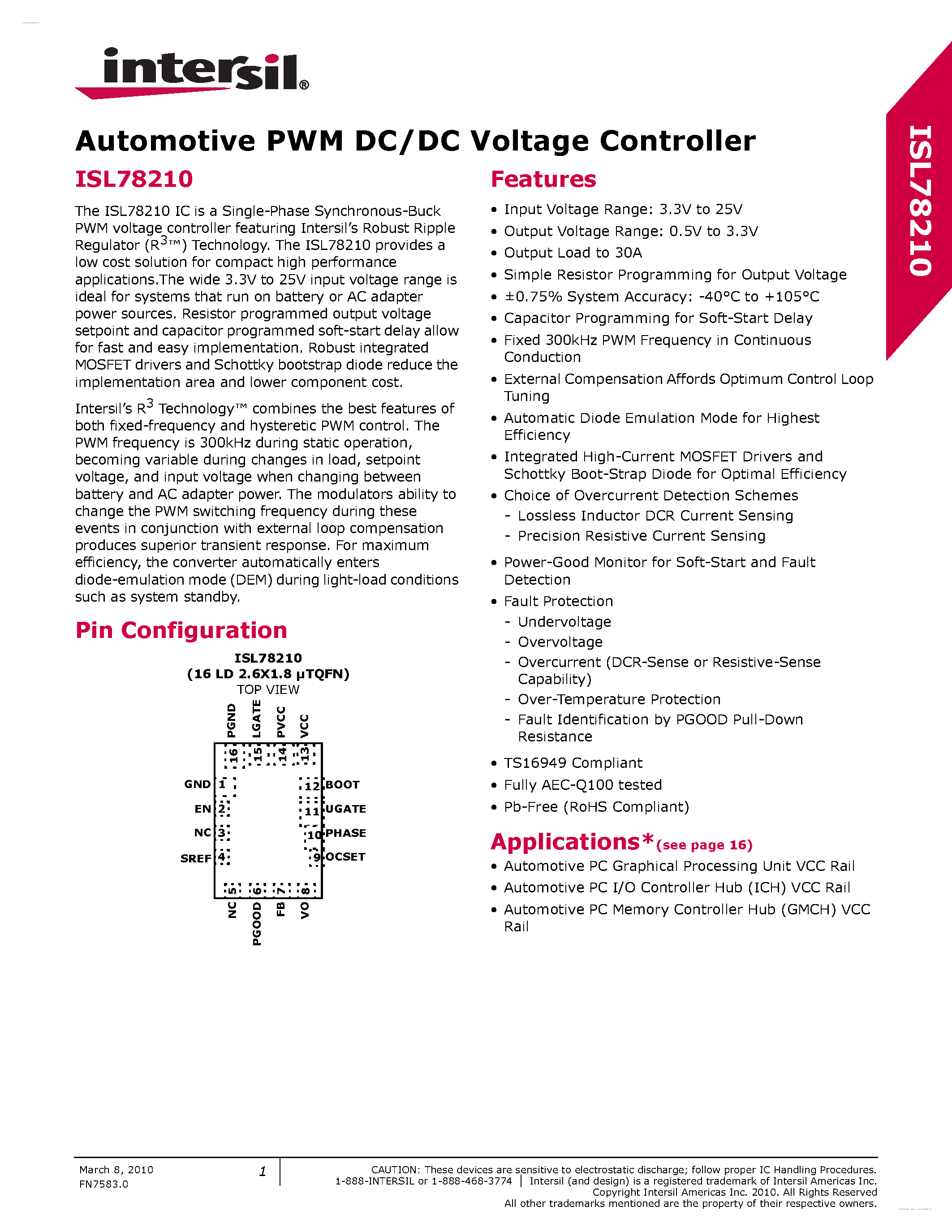 Datasheet ISL78210 - Automotive PWM DC/DC Voltage Controller page 1