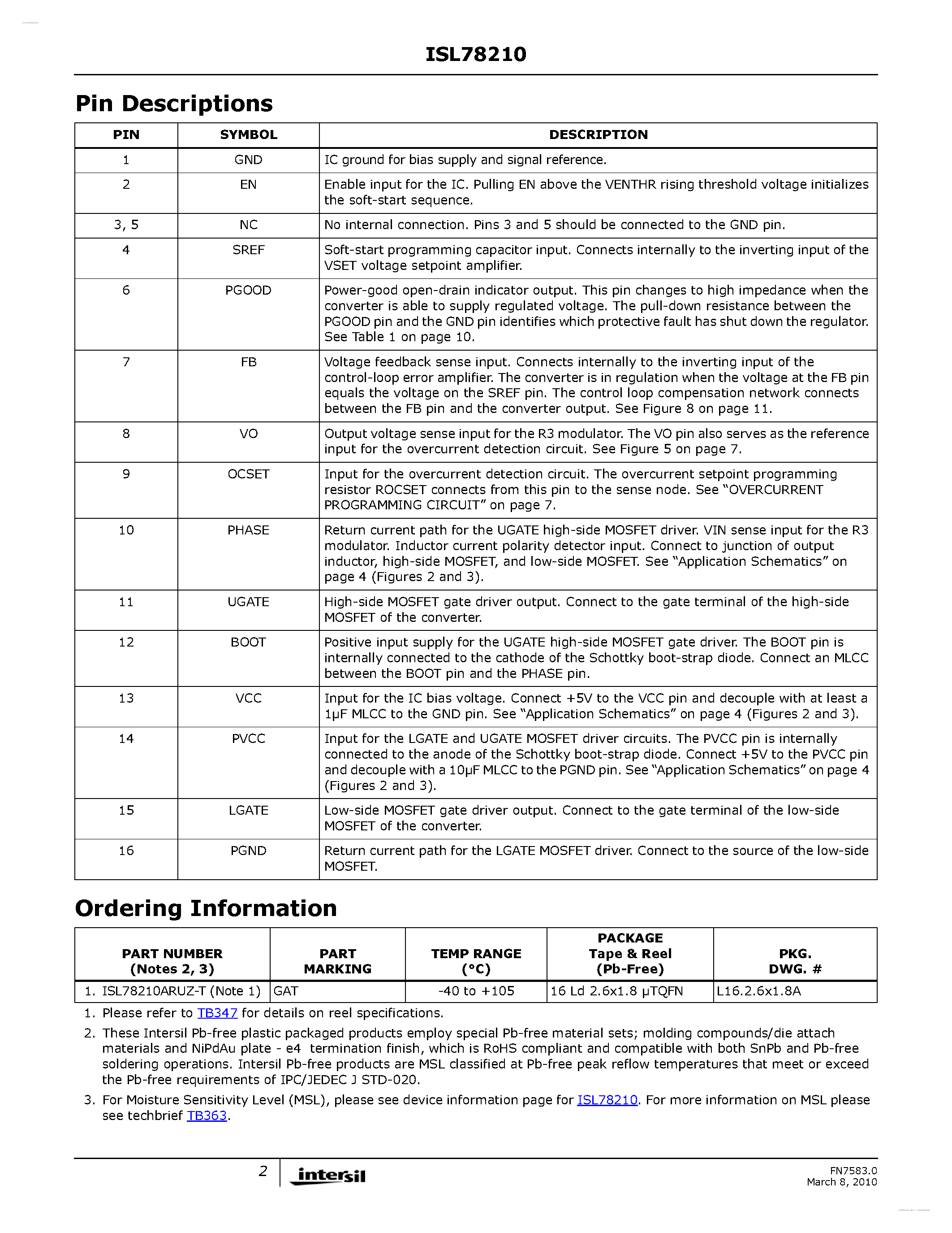 Datasheet ISL78210 - Automotive PWM DC/DC Voltage Controller page 2