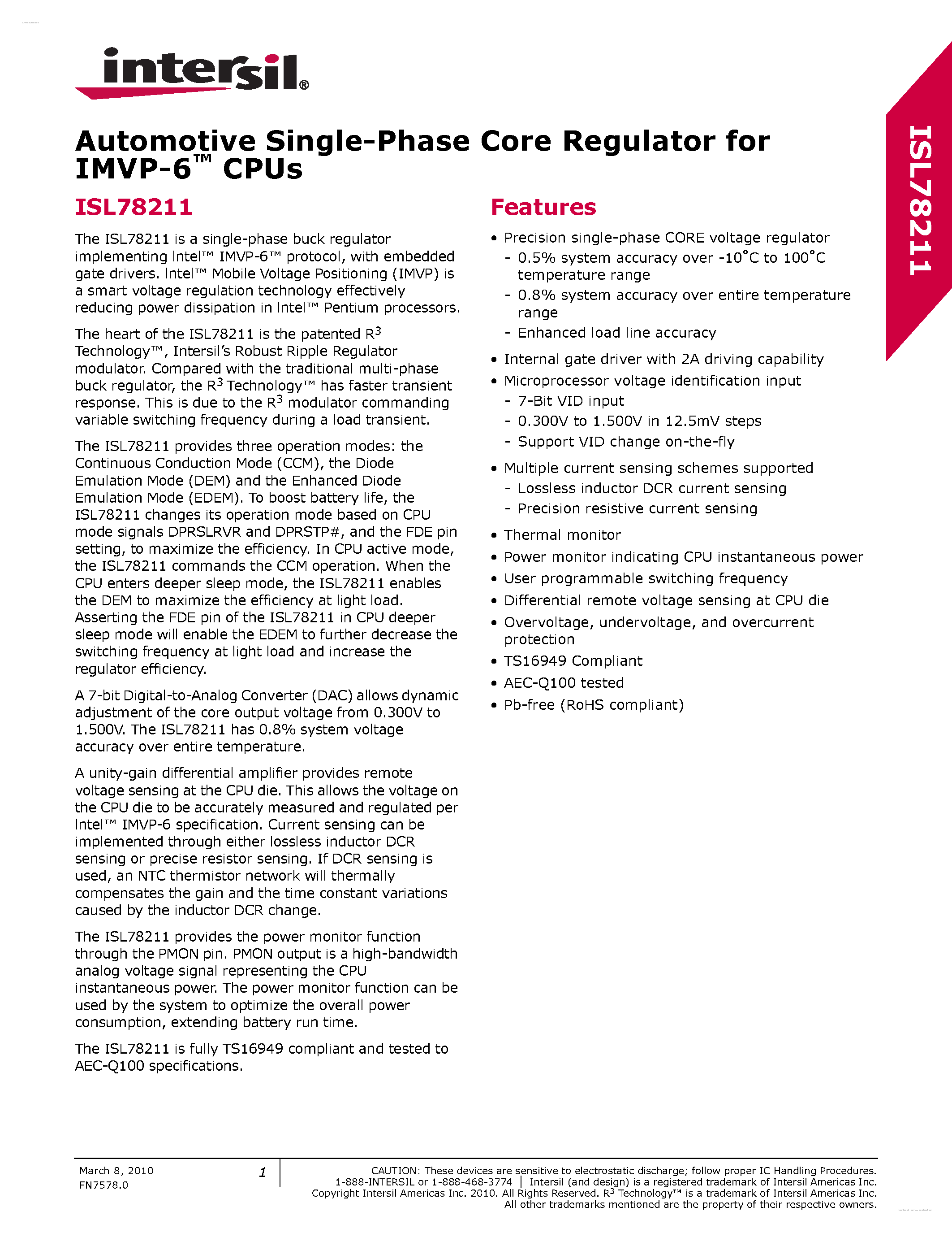 Datasheet ISL78211 - Automotive Single-Phase Core Regulator page 1