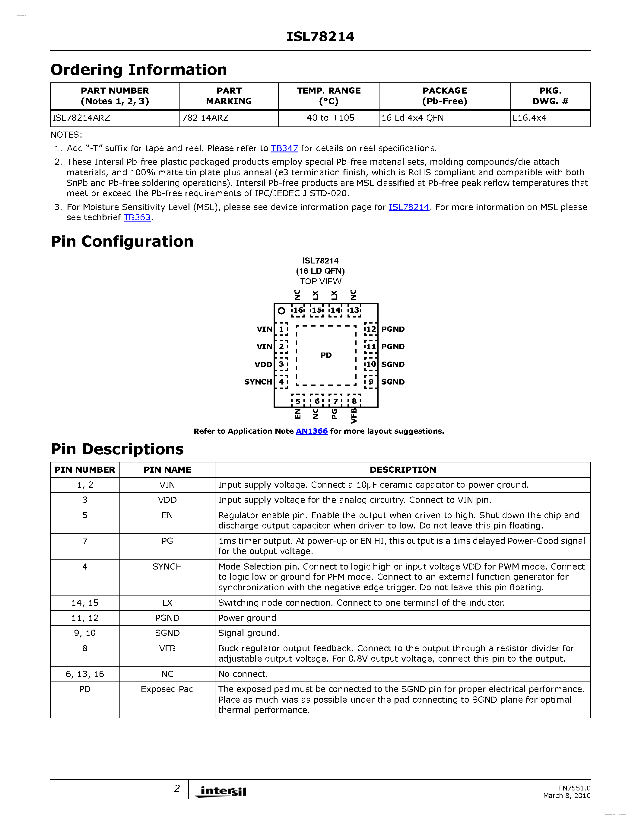 Datasheet ISL78214 - 4A Low Quiescent Current High Efficiency Synchronous Buck Regulator page 2