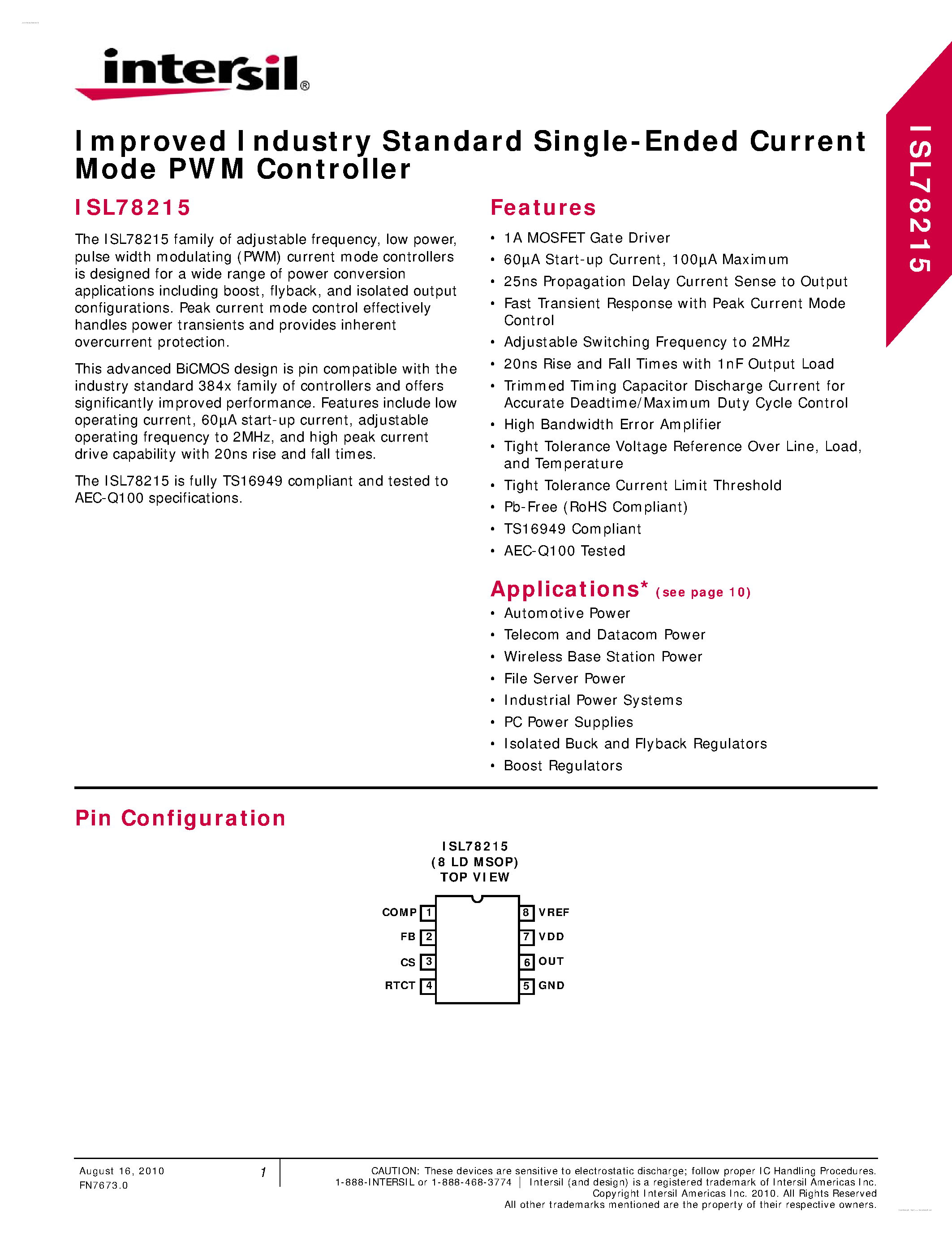 Datasheet ISL78215 - Improved Industry Standard Single-Ended Current Mode PWM Controller page 1