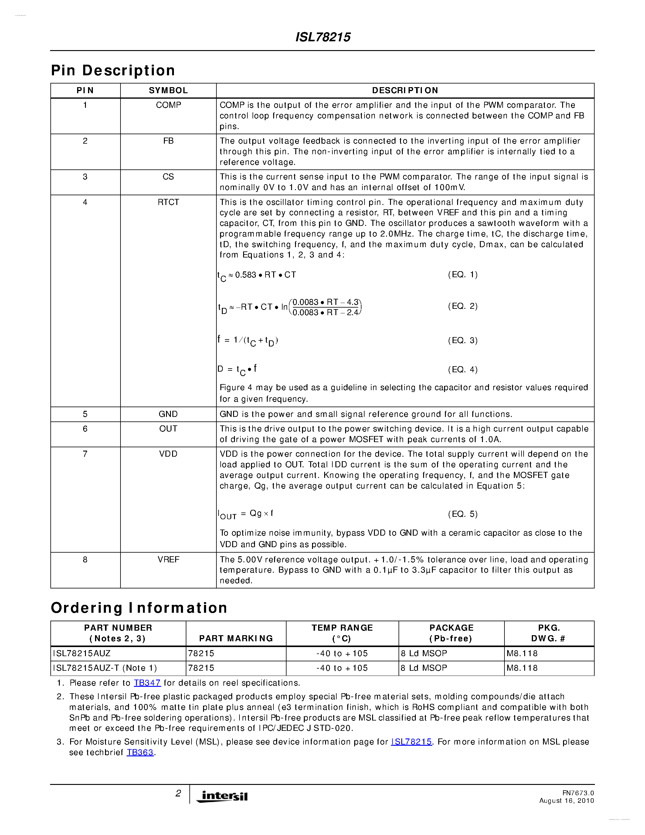 Datasheet ISL78215 - Improved Industry Standard Single-Ended Current Mode PWM Controller page 2