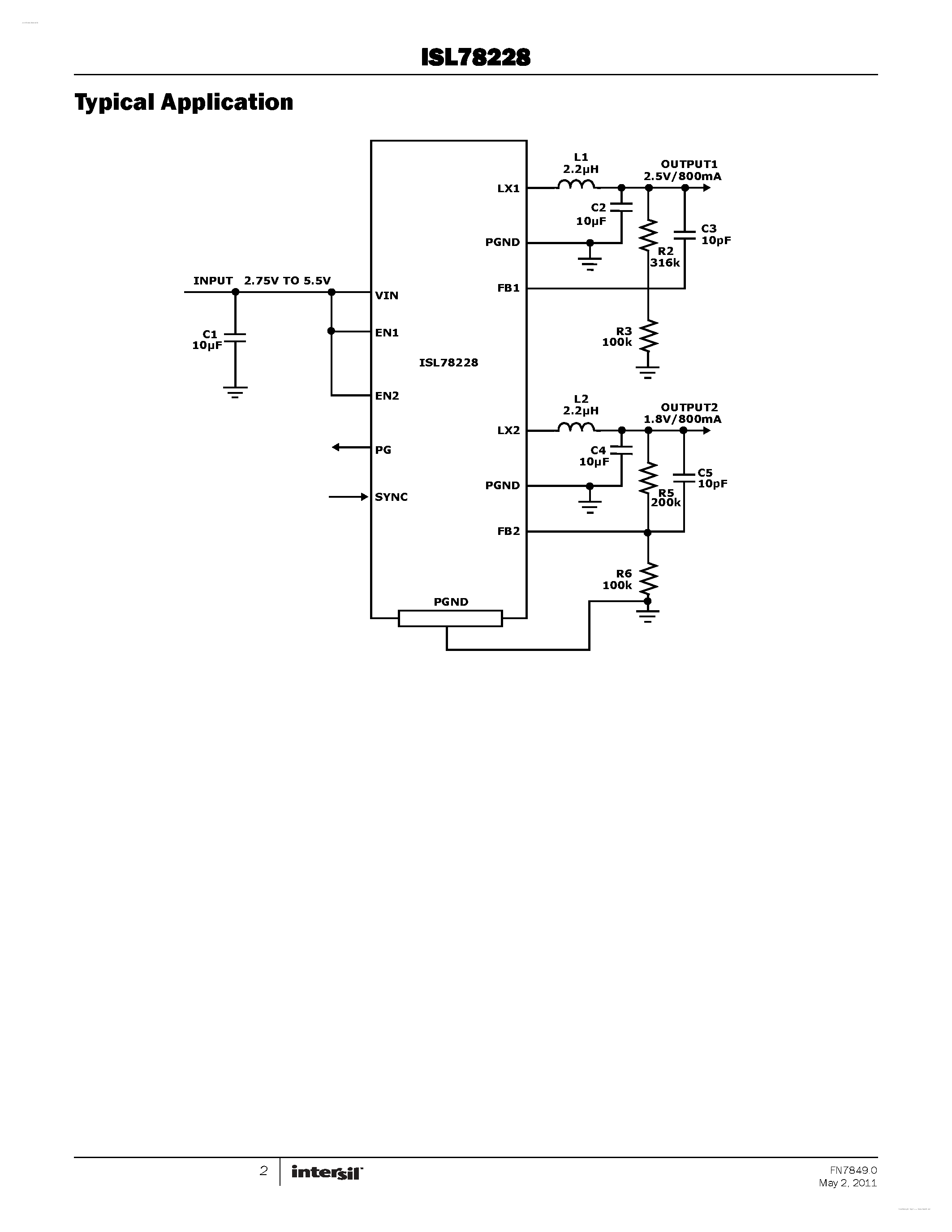 Datasheet ISL78228 - Dual 800mA Low Quiescent Current 2.25MHz High Efficiency Synchronous Buck Regulator page 2