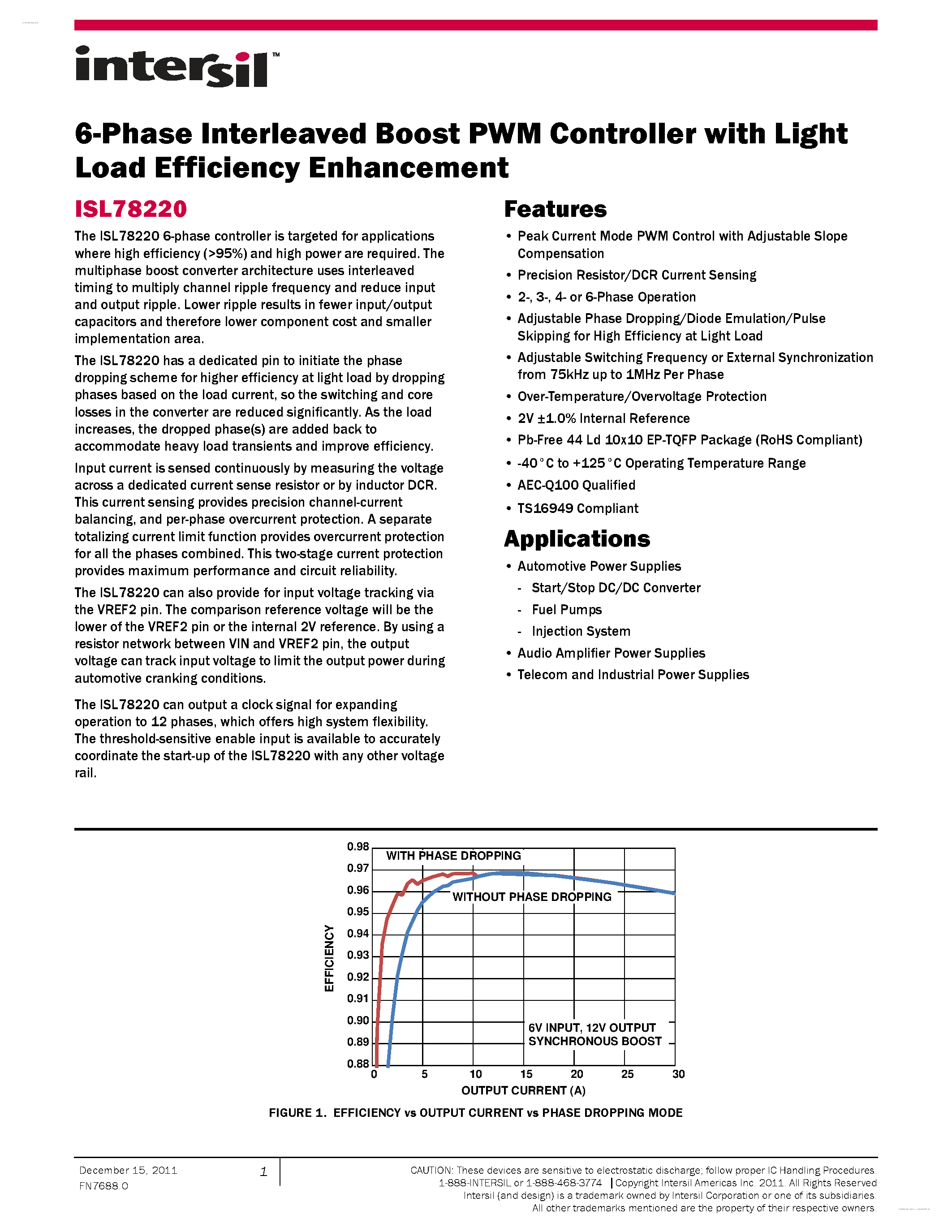 Datasheet ISL78220 - 6-Phase Interleaved Boost PWM Controller page 1