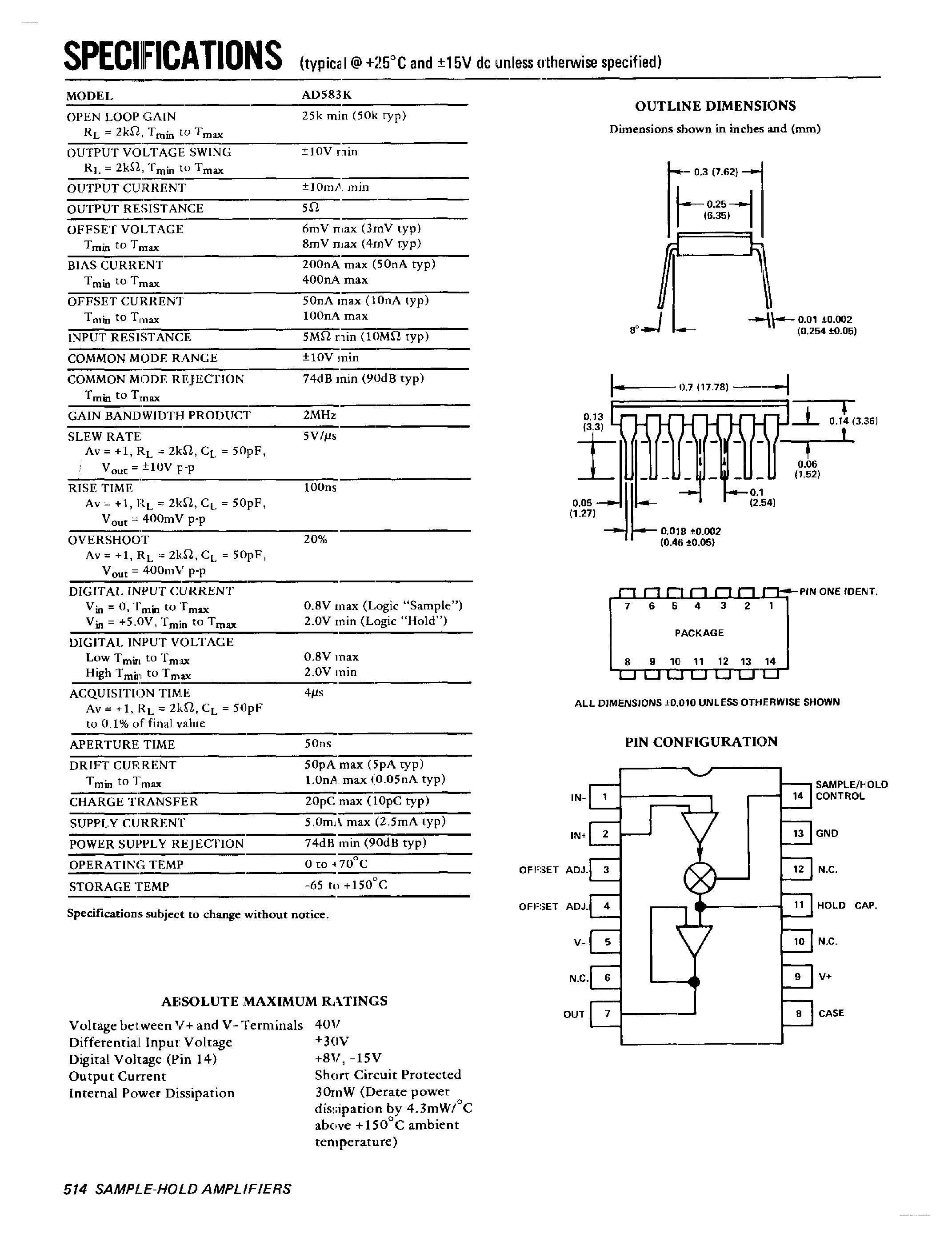 Datasheet AD583 - IC Sample and Hold Gated OP Amp page 2