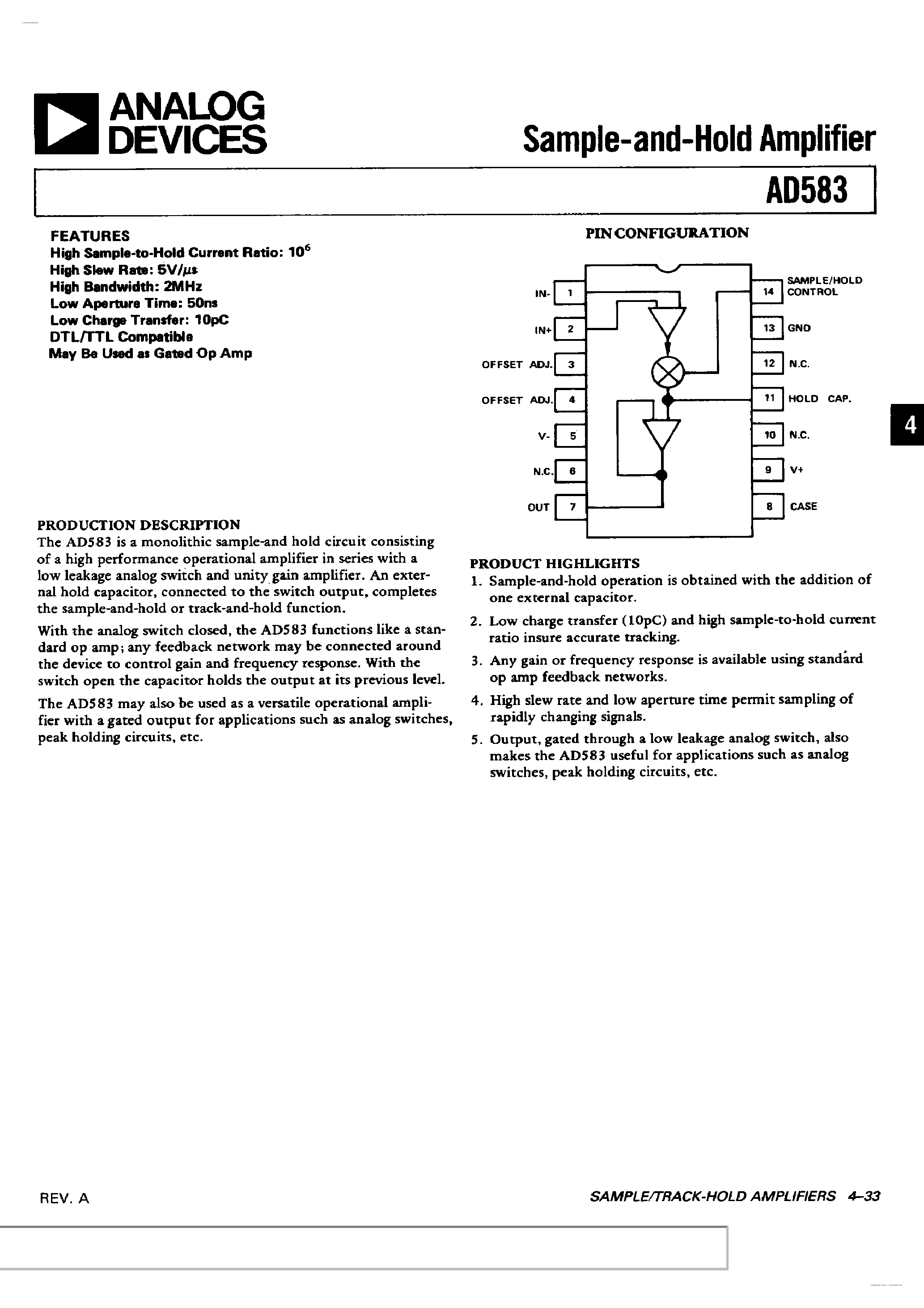 Datasheet AD583 - Sample and Hold Amplifier page 1