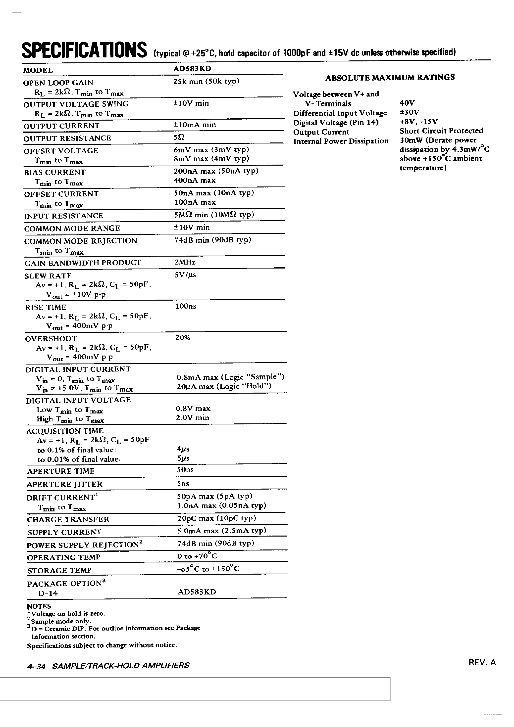 Datasheet AD583 - Sample and Hold Amplifier page 2