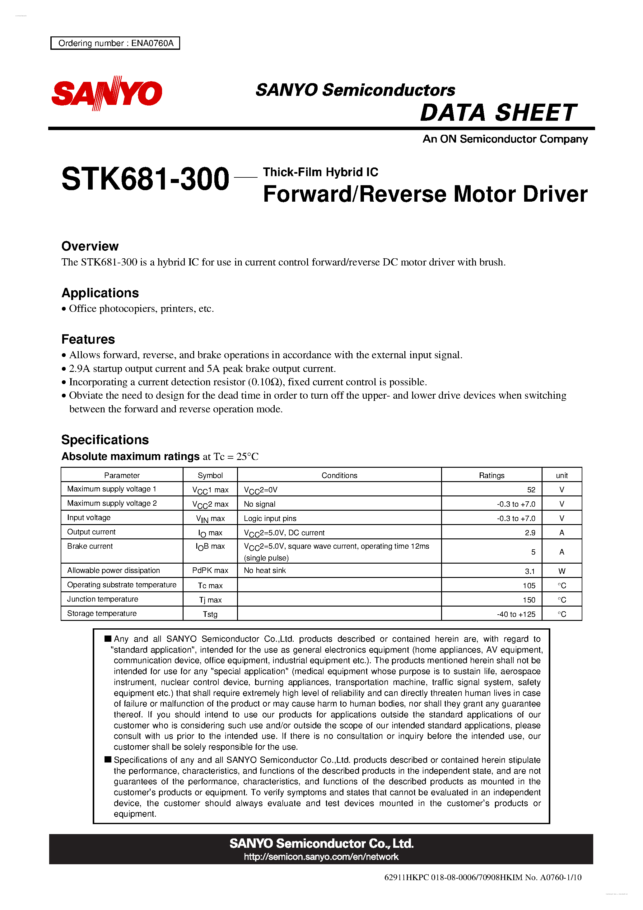 Datasheet STK681-300 - Forward/Reverse Motor Driver page 1