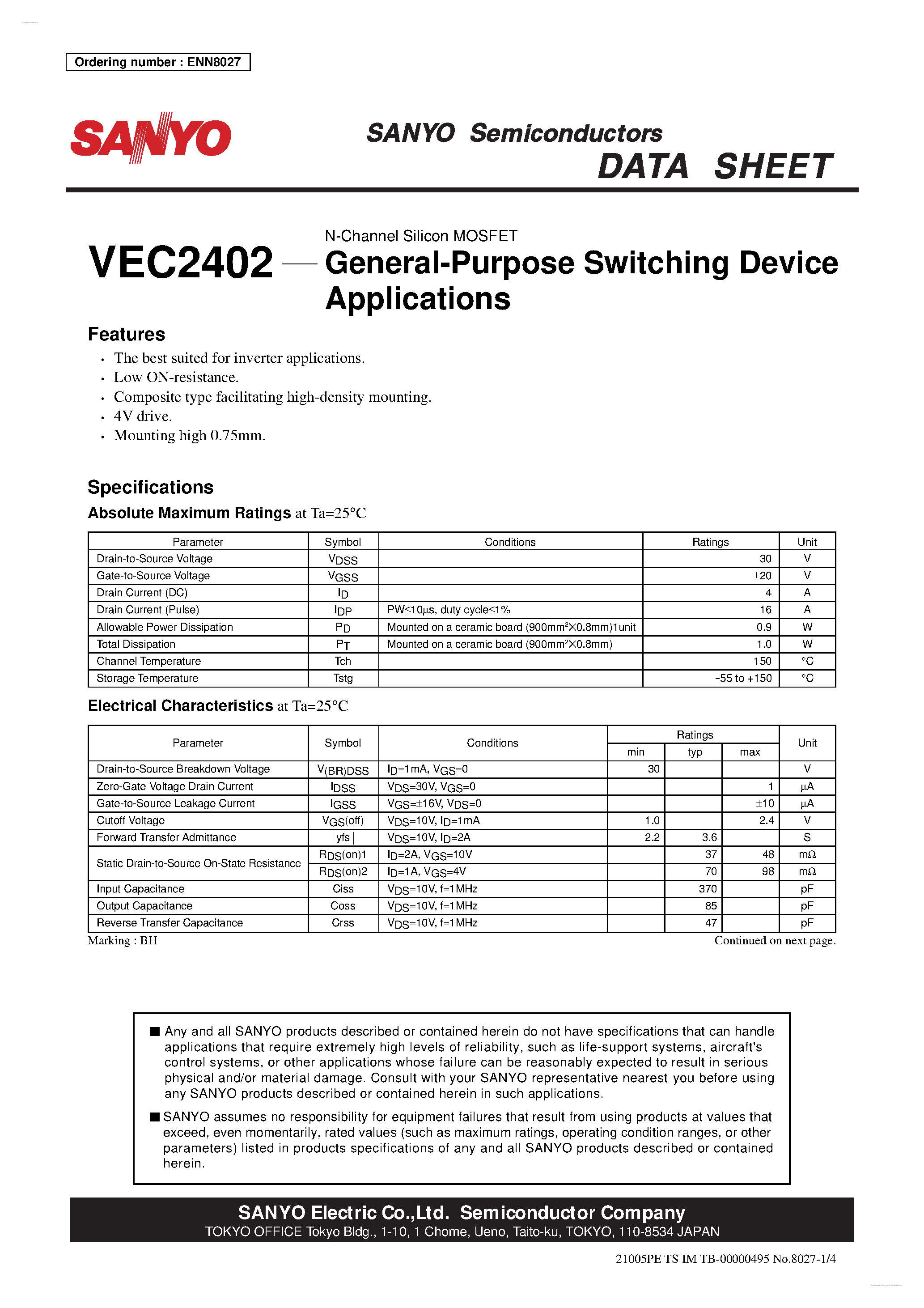 Даташит VEC2402 - N-Channel Silicon MOSFET страница 1