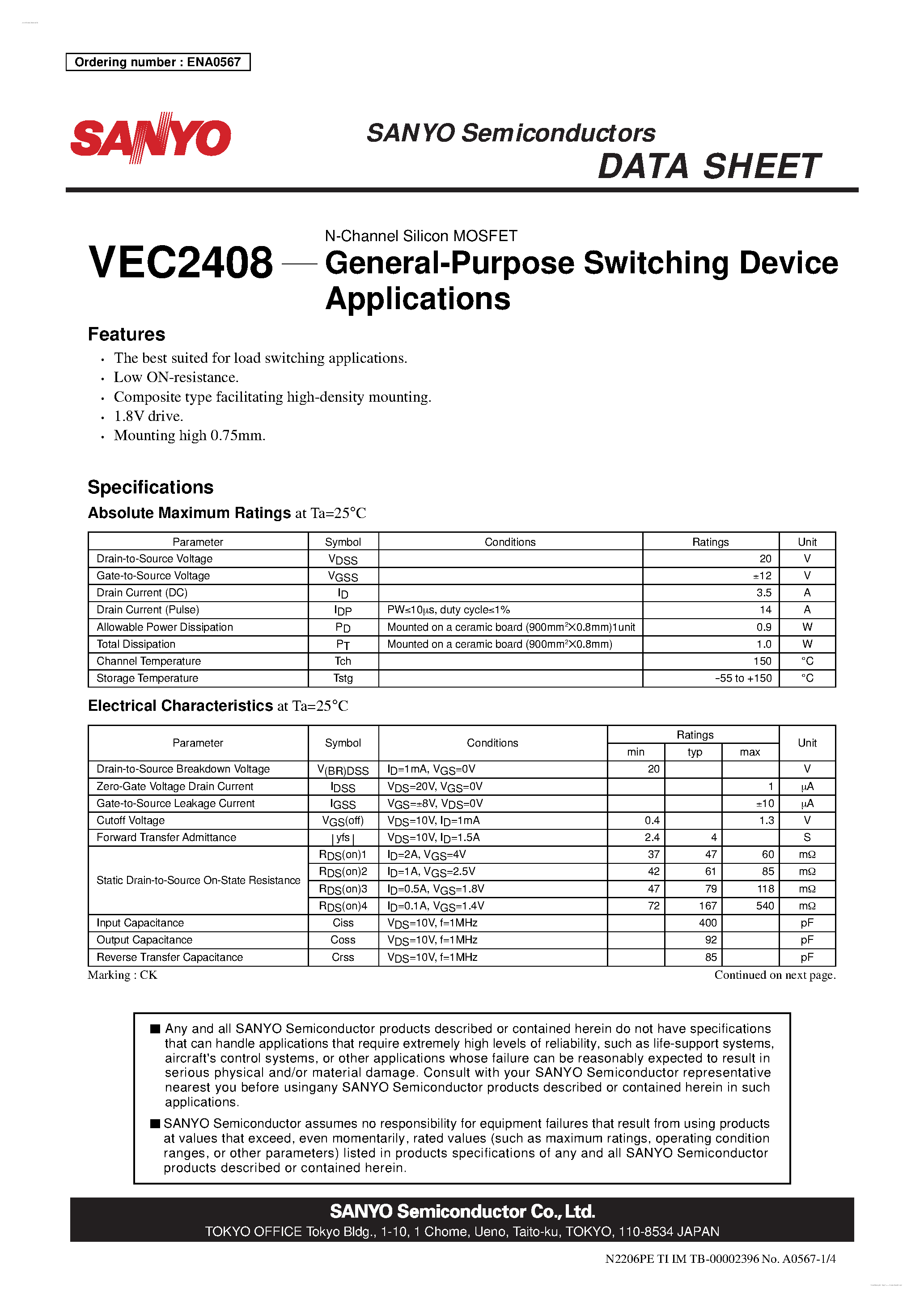 Даташит VEC2408 - N-Channel Silicon MOSFET страница 1