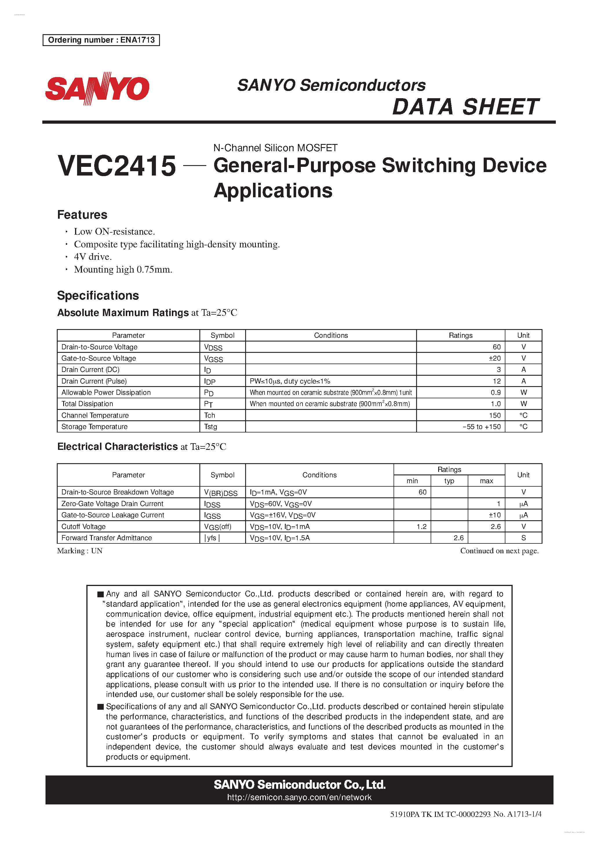 Даташит VEC2415 - N-Channel Silicon MOSFET страница 1