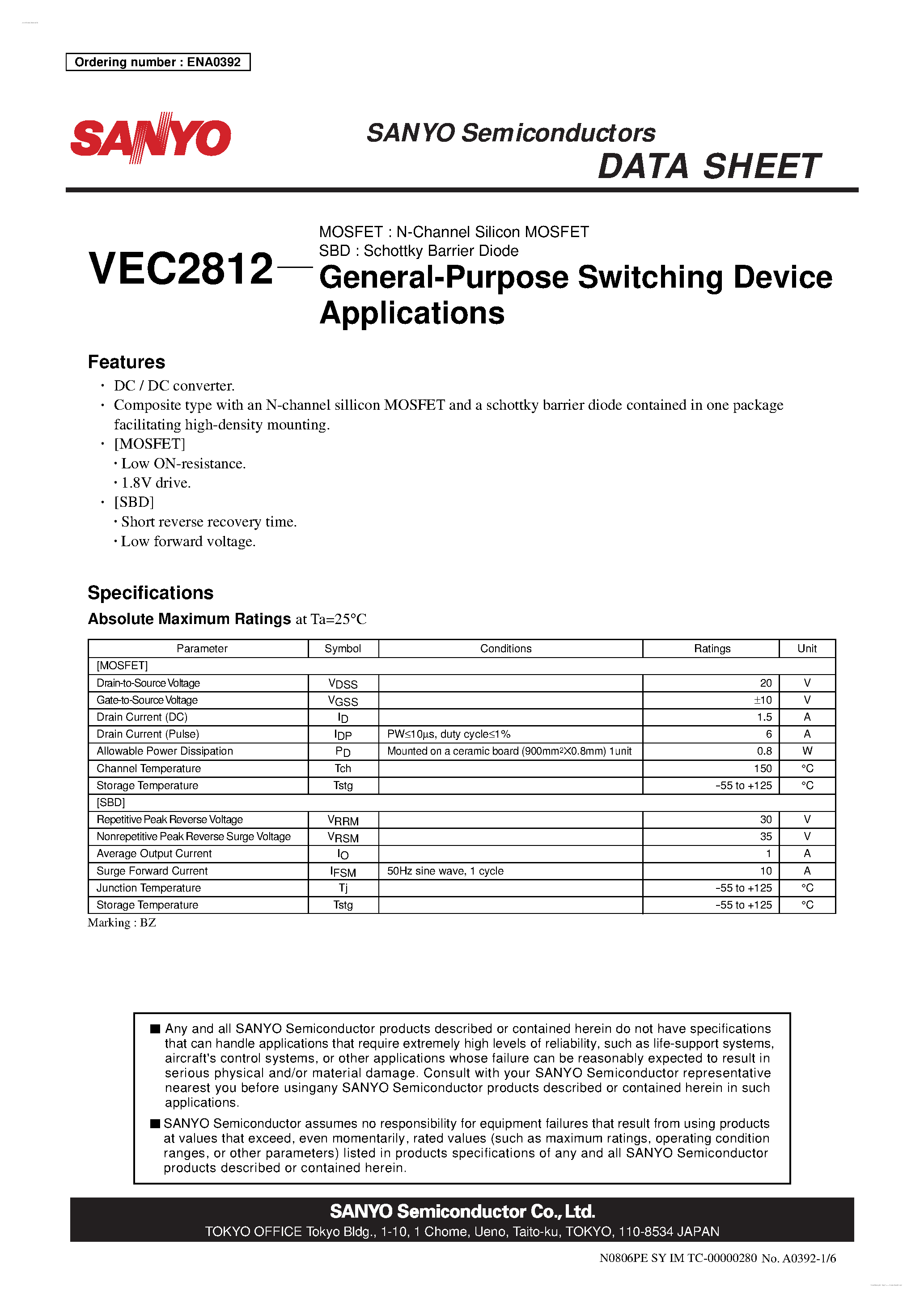 Даташит VEC2812 - N-Channel Silicon MOSFET / Schottky Barrier Diode страница 1