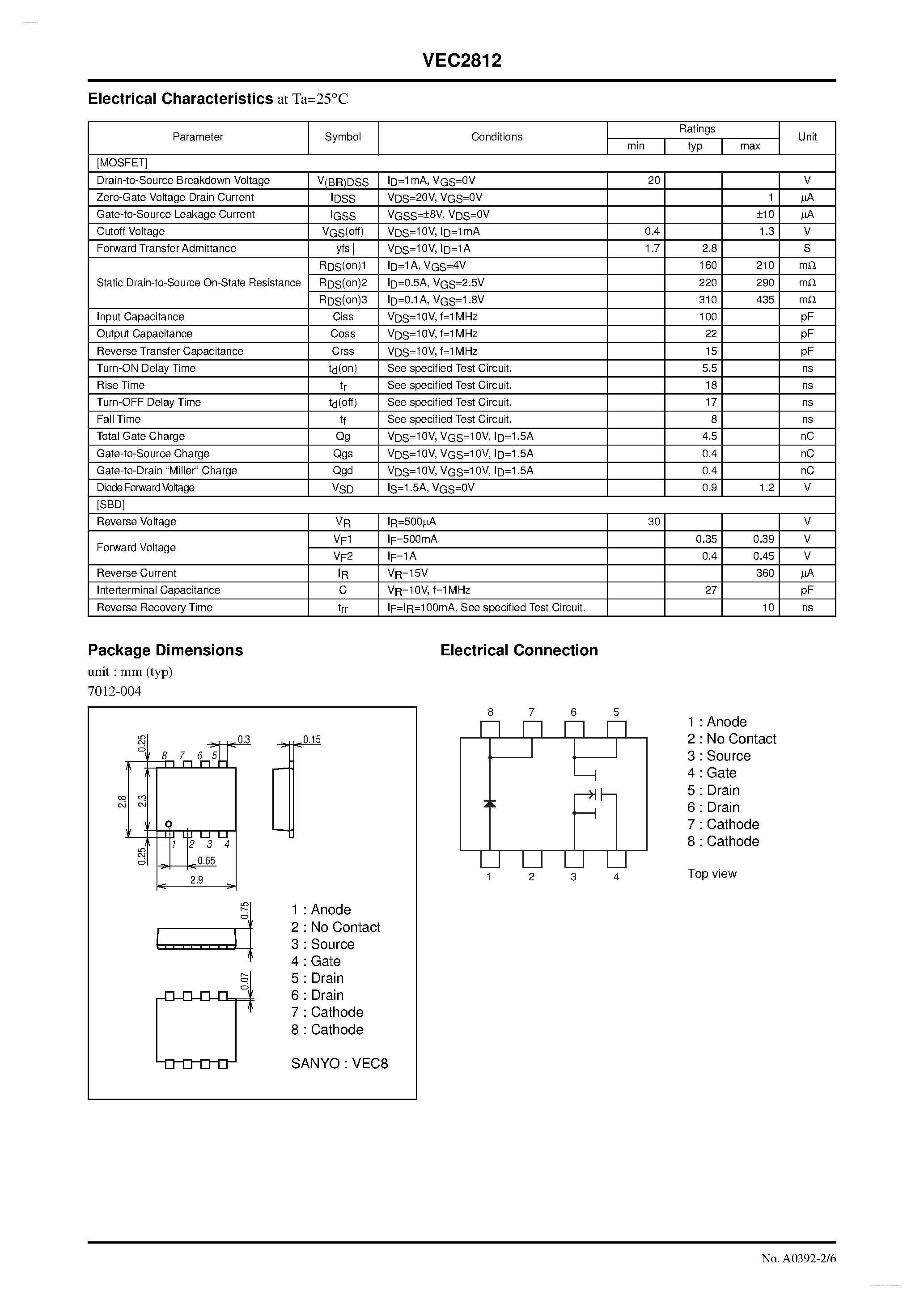 Даташит VEC2812 - N-Channel Silicon MOSFET / Schottky Barrier Diode страница 2