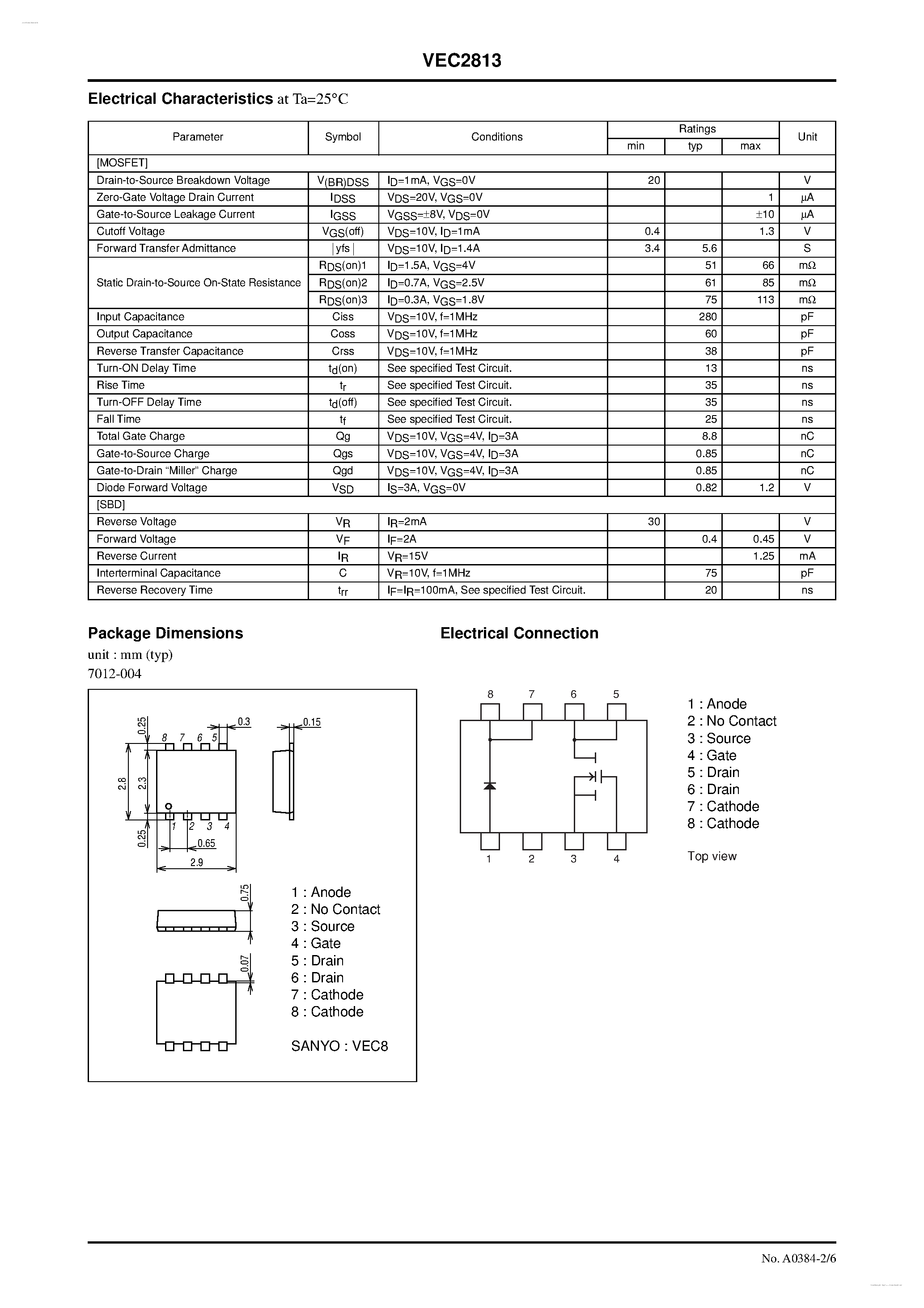 Даташит VEC2813 - N-Channel Silicon MOSFET / Schottky Barrier Diode страница 2