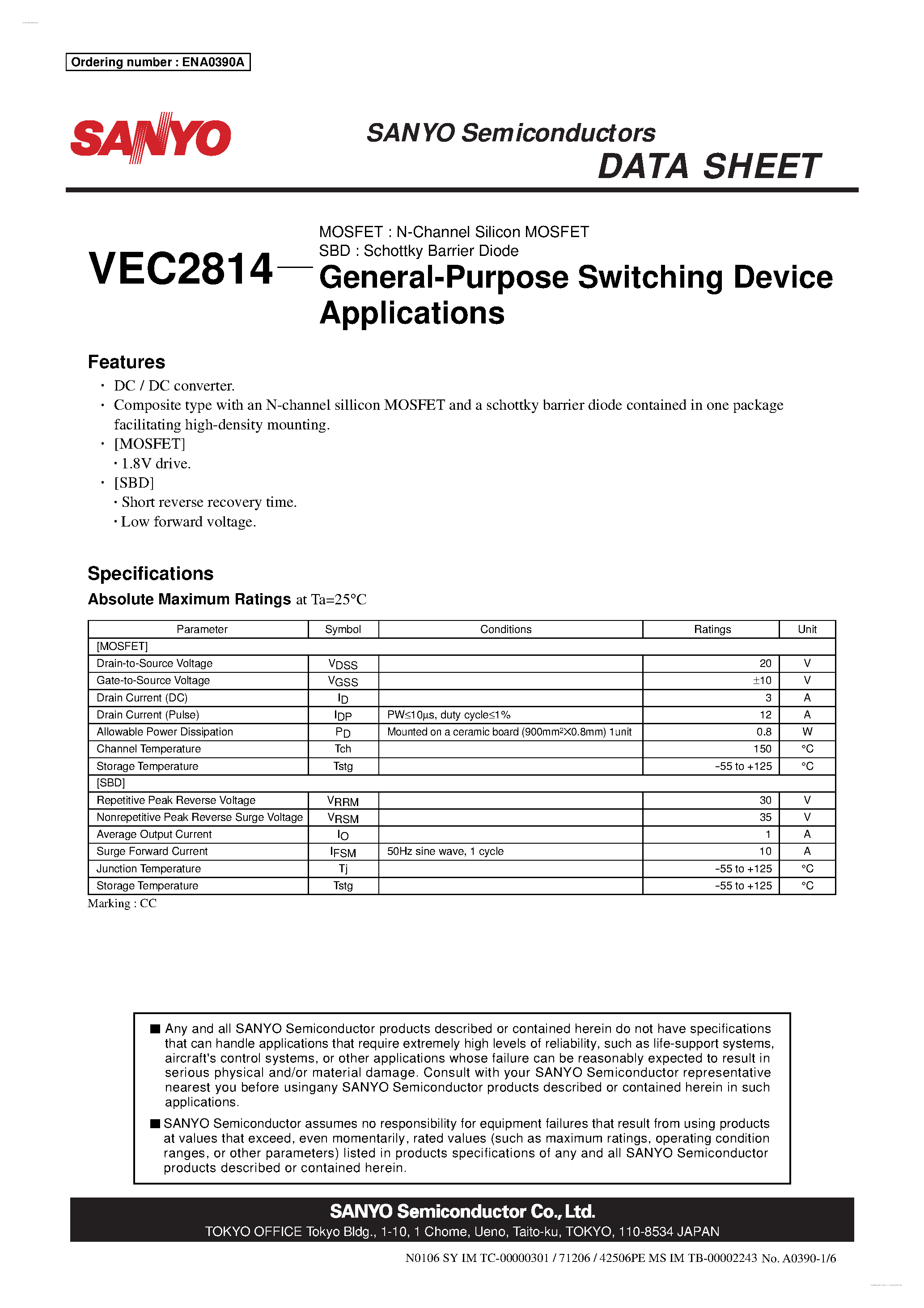 Даташит VEC2814 - N-Channel Silicon MOSFET / Schottky Barrier Diode страница 1