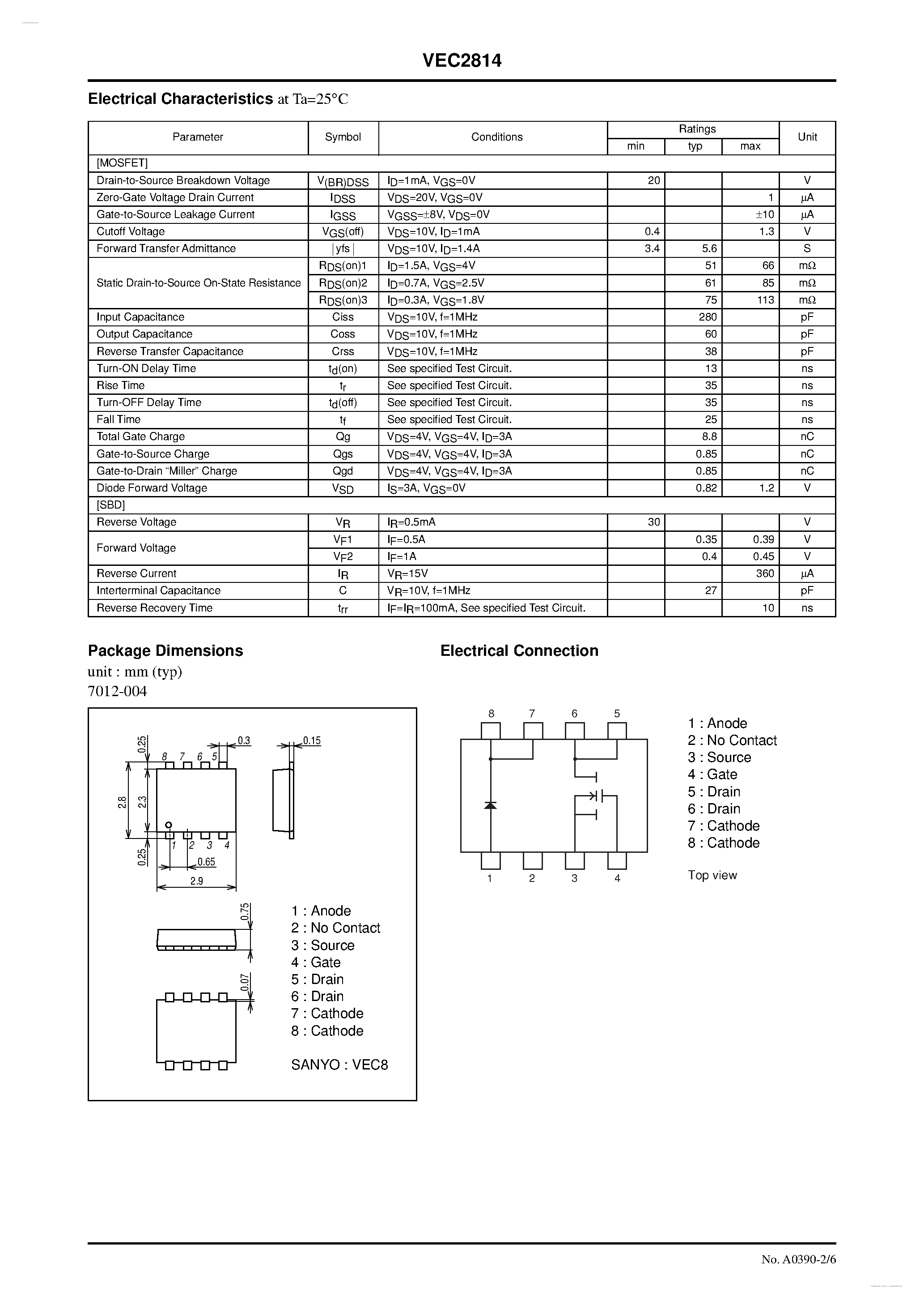 Даташит VEC2814 - N-Channel Silicon MOSFET / Schottky Barrier Diode страница 2