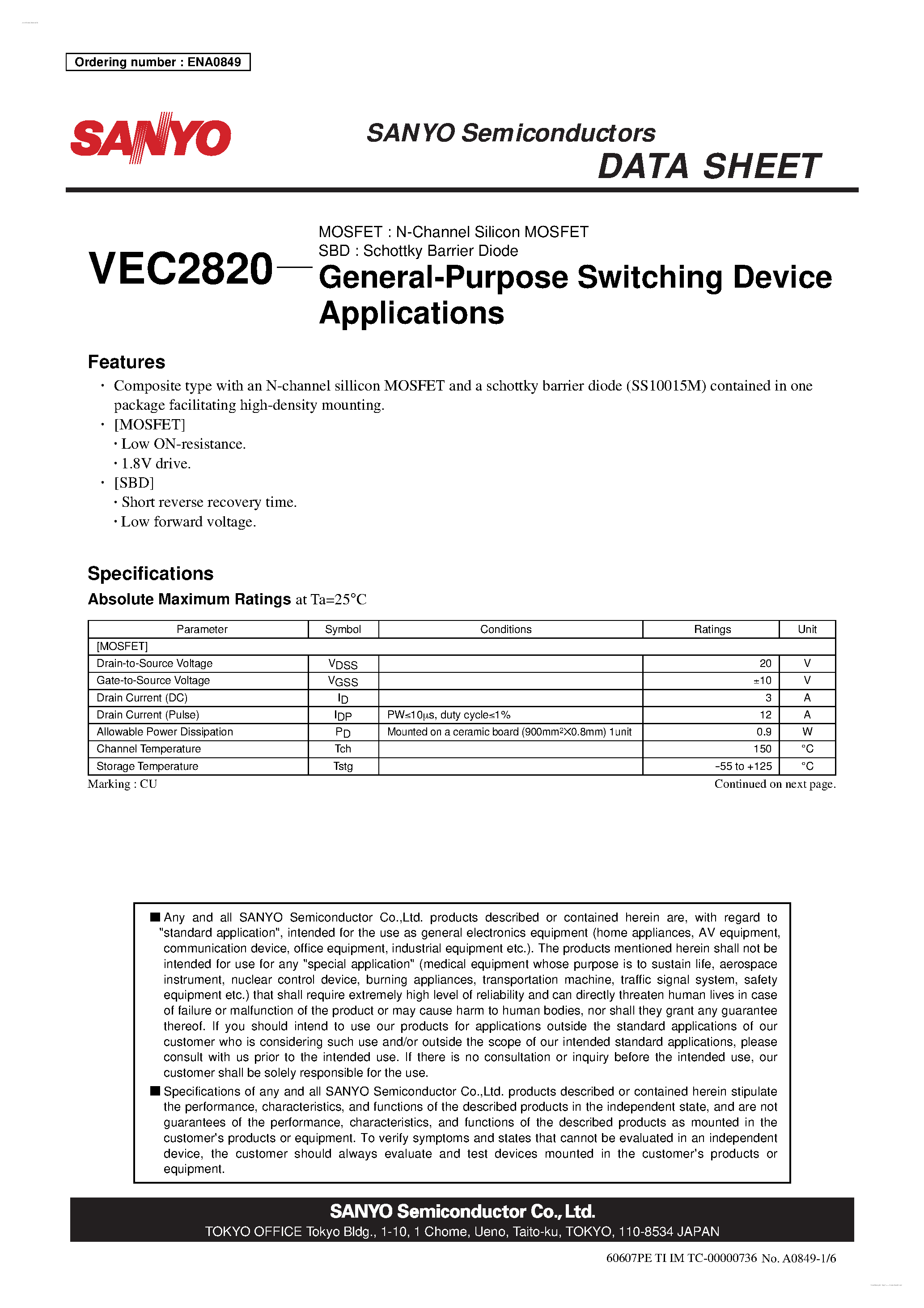 Даташит VEC2820 - N-Channel Silicon MOSFET / Schottky Barrier Diode страница 1