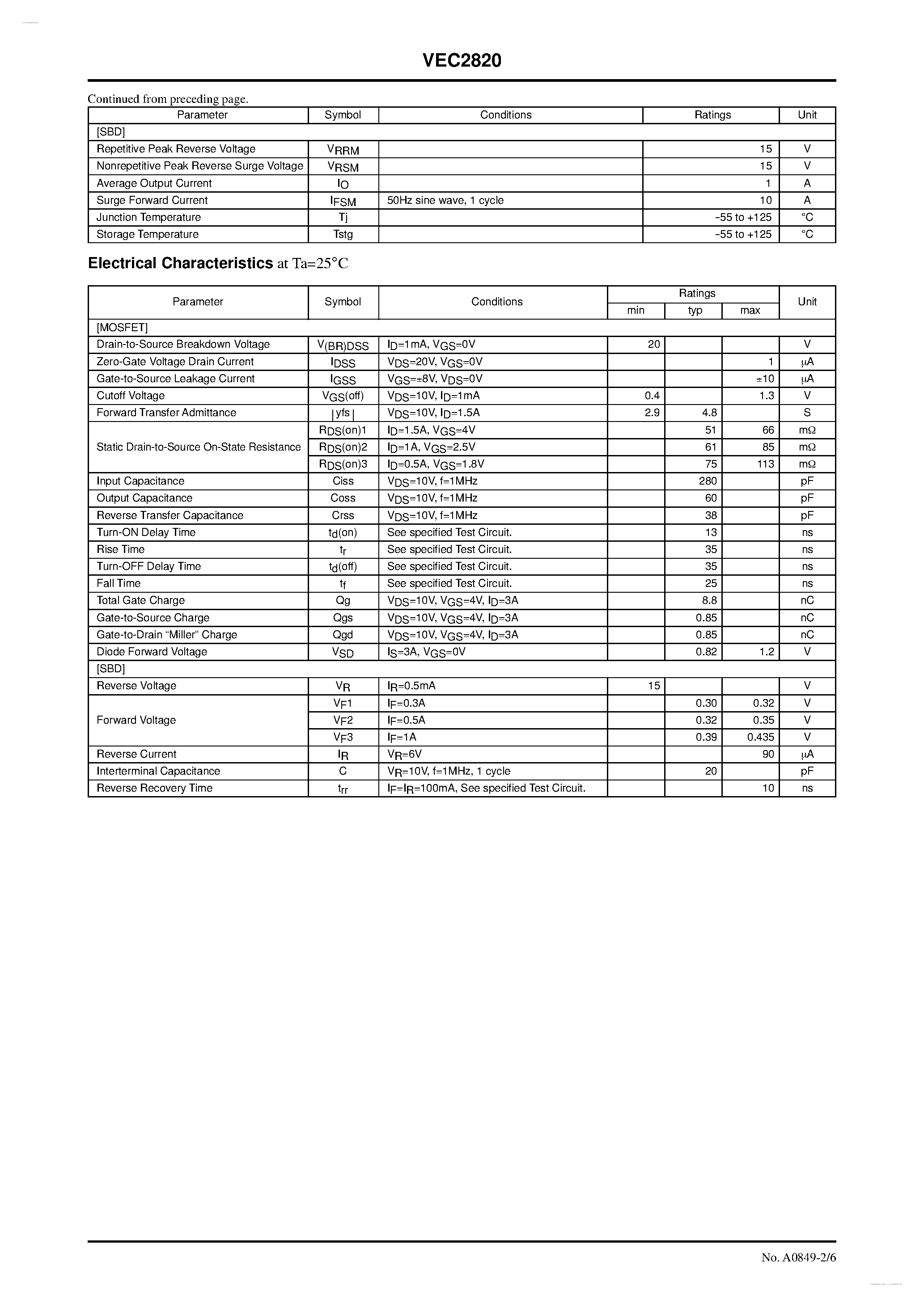 Даташит VEC2820 - N-Channel Silicon MOSFET / Schottky Barrier Diode страница 2