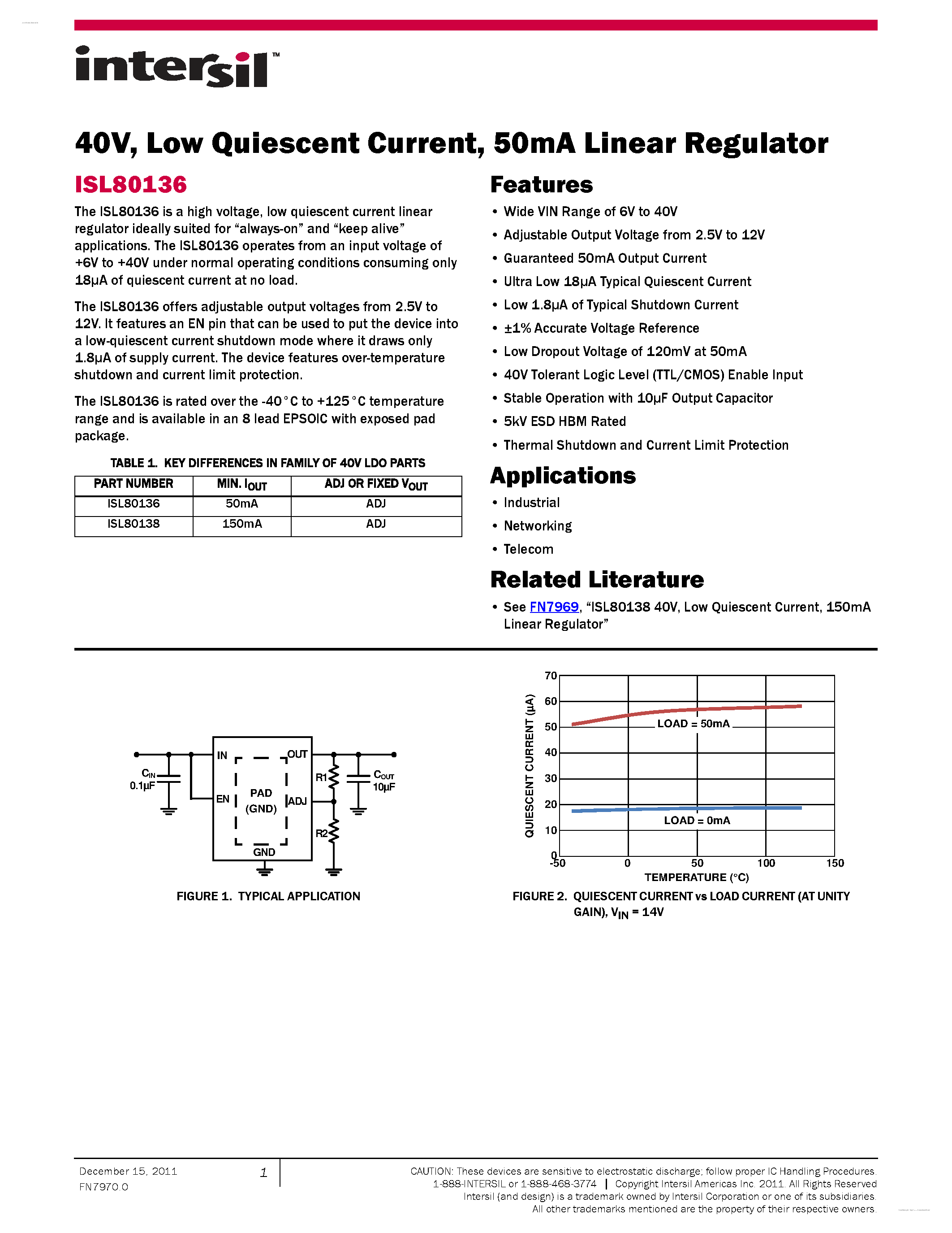 Datasheet ISL80136 - 50mA Linear Regulator page 1