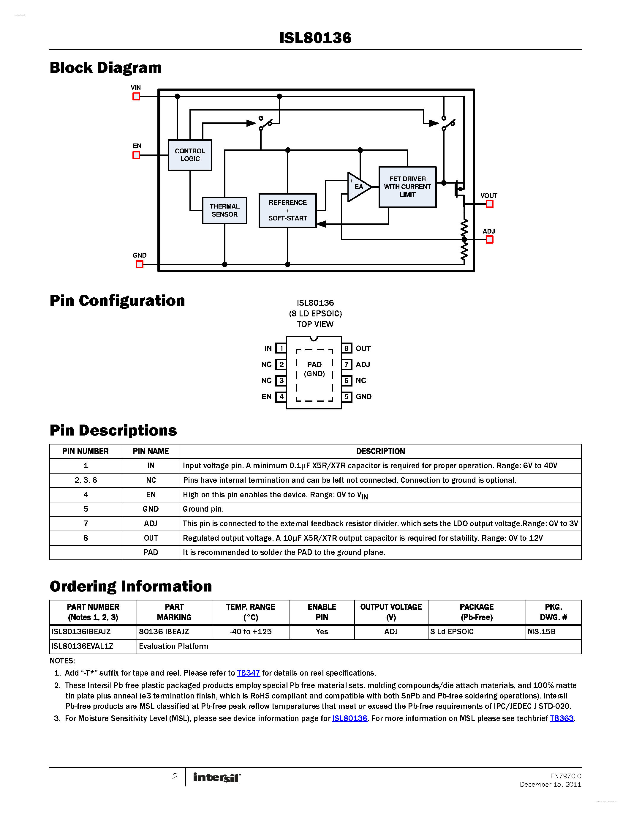 Datasheet ISL80136 - 50mA Linear Regulator page 2