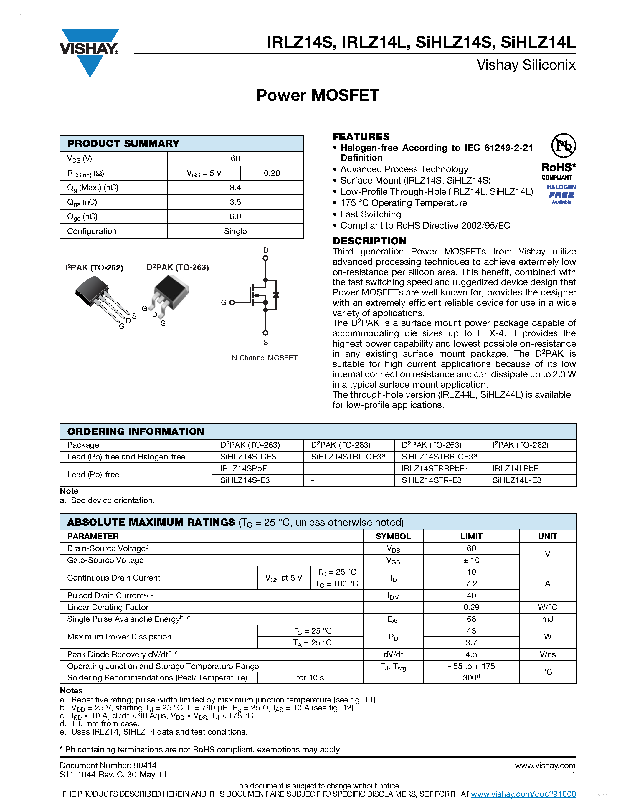 Datasheet IRLZ14L - Power MOSFET page 1