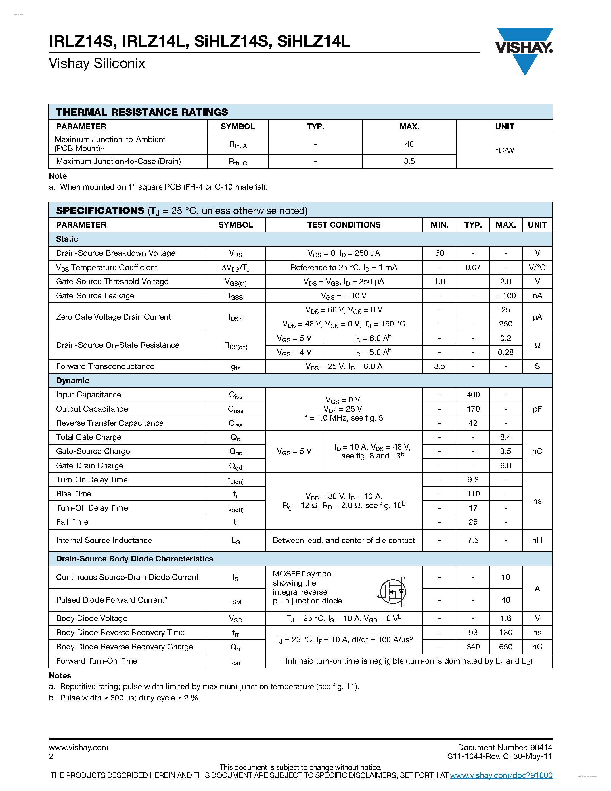 Datasheet IRLZ14L - Power MOSFET page 2