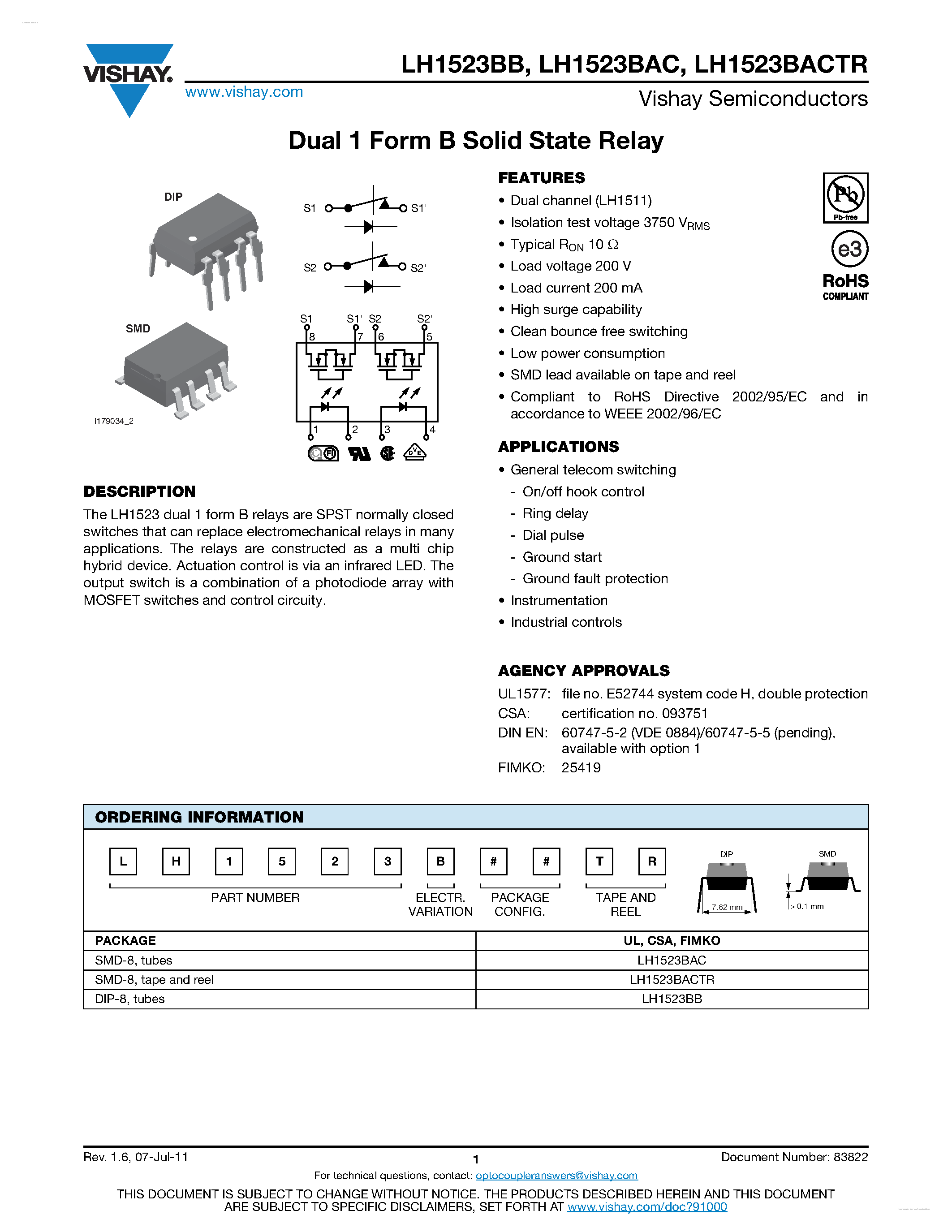 Datasheet LH1523BAC - Dual 1 Form B Solid State Relay page 1