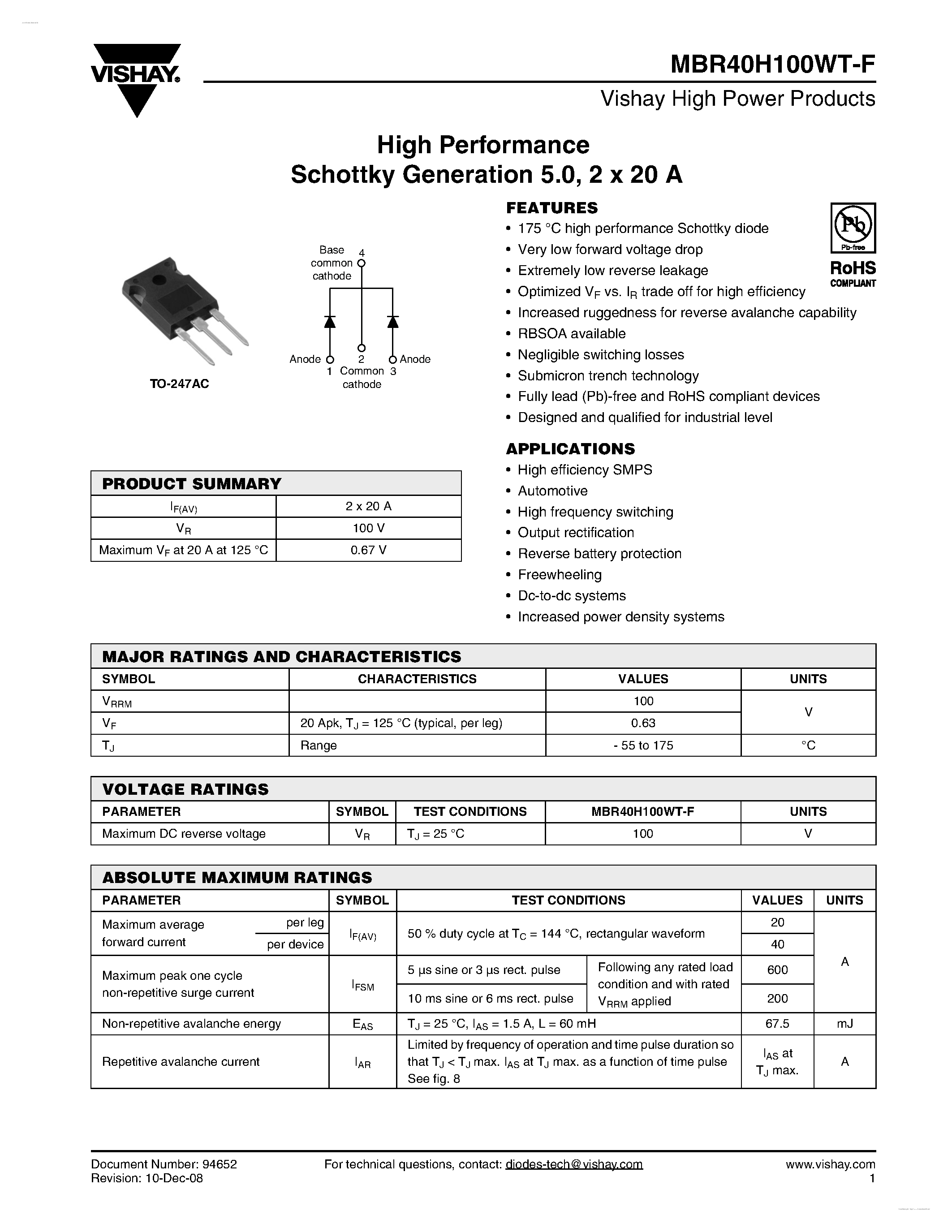 Даташит MBR40H100WT-F - High Performance Schottky Generation страница 1